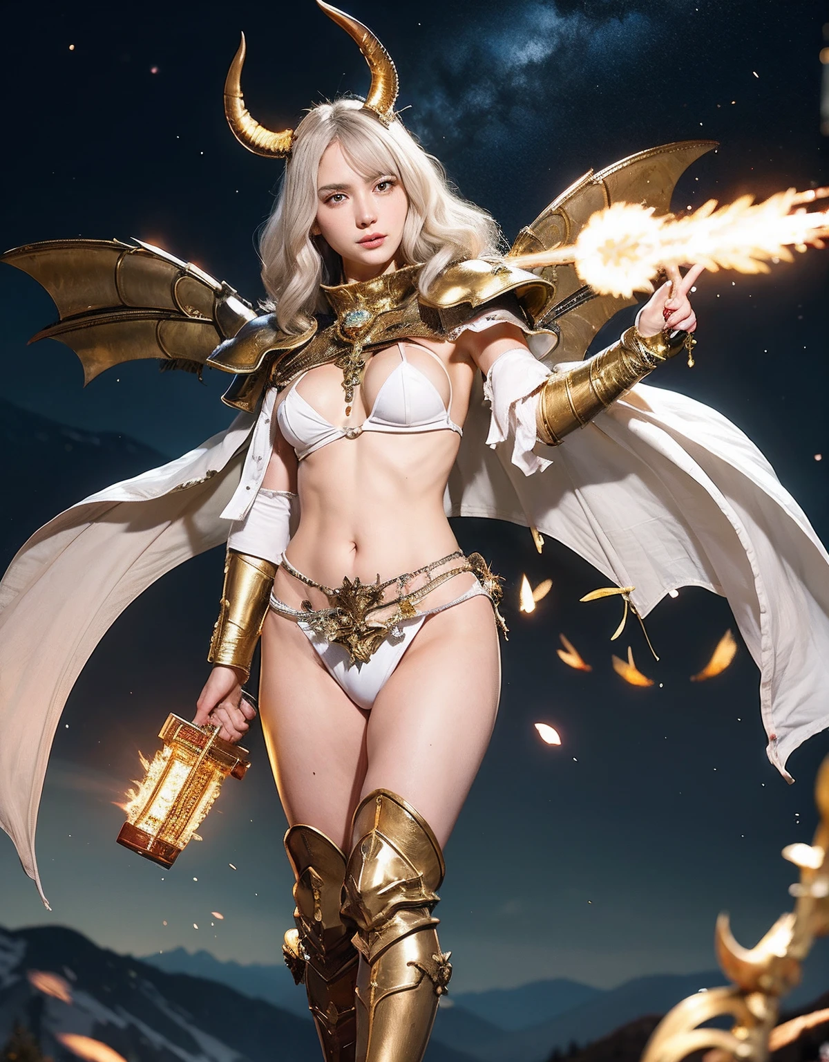Professional , masterpiece、top-quality、photos realistic , depth of fields 、(White bikini armor)、(Mystical expression)、Jewel Gold Weapon、Particles of light),Gorgeous gold weapons ,(( Gorgeous Dragon Sword)) , (Hold the Devil's Hand),,(maikurobikini) 、((White hair))、(Castle background)、(demonic wings)、((Gangle's forest background))、Beautiful Caucasian beauty、1a person、dynamic ungle,(((Two devil's horns on the head)))、Smaller head、Idle Smile、Thin and beautiful female hands、Mystical expression、Light Effects、intense fighting、Wind-effect、magic circles、With the legendary magic wand、Dragon's tail、