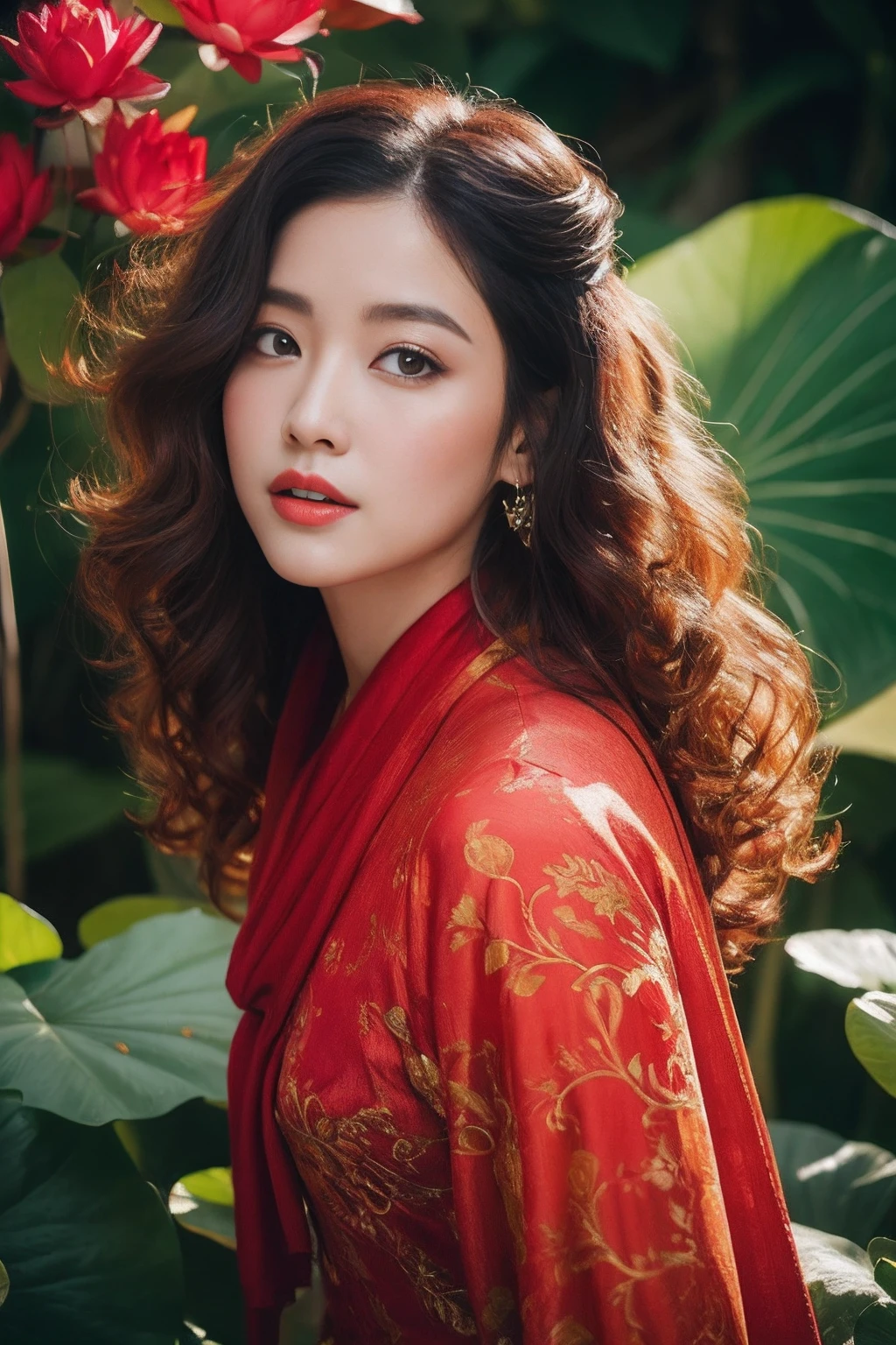 32K(tmasterpiece,k hd,hyper HD,32K)Flowy large curly hair,Flowing rouge,ponds,zydink, a color, Asian people (Silly girl), (Silk scarf), Combat posture, looking at the ground, Large rolls of rouge, Flowing rouge curls, Crocodile skin skull headdress, Chinese long-sleeved clothing, (abstract ink splash:1.2), Pink lotus background,Water lily flower protector(realisticlying:1.4),Rouge hair,Autumn is in full swing,The background is pure, A high resolution, the detail, RAW photogr, Sharp Re, Nikon D850 Film Stock Photo by Jefferies Lee 4 Kodak Portra 400 Camera F1.6 shots, Rich colors, ultra-realistic vivid textures, Dramatic lighting, Unreal Engine Art Station Trend, cinestir 800,Large curls,Flowing rouge