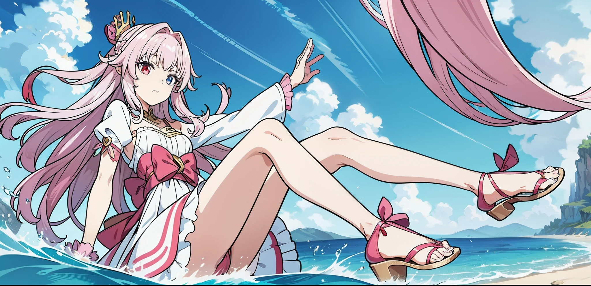 (Complete head:1.9),meticulous portrayal of face,1 noblewoman,a matural female,(High-heeled ribbon sandals),Pink White Long Hair, Perfect body, s the perfect face, perfect hand, Perfect Finger, Perfect lips, perfect eyes,Perfect legs, Perfect background,Have by the sea,Anime girl in the water,Spread your arms,Great for describing wallpapers,Keep your feet up,Perfect artwork,8k