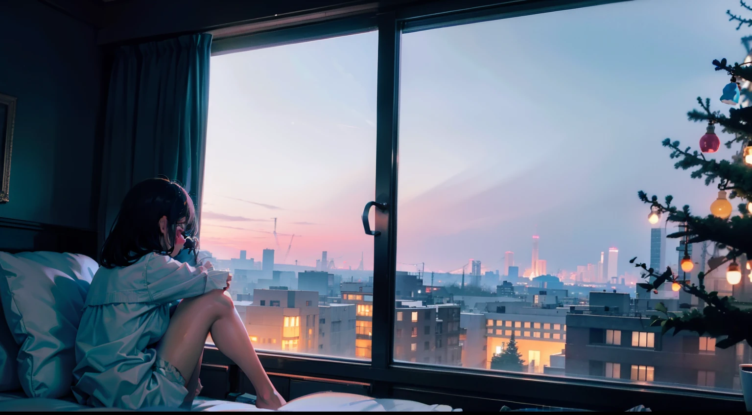 Girl sitting alone by the window,Night view of the city outside the window,The starry sky outside the window is shining,Very lonely,A soft shimmer was sprinkled on the girl,Rich details inside the window,There are plush dolls inside the window,There is a night light on the wall inside the window,The girl looks at the scenery outside the window and her back is lonely,The picture is hazy,the lighting is subdued