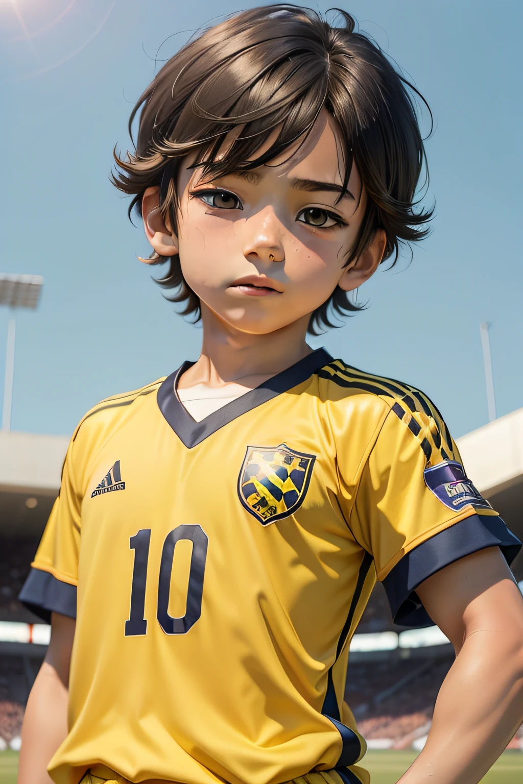 Anime of a -yeld boressed in a yellow soccer uniform, close-up half-body shot