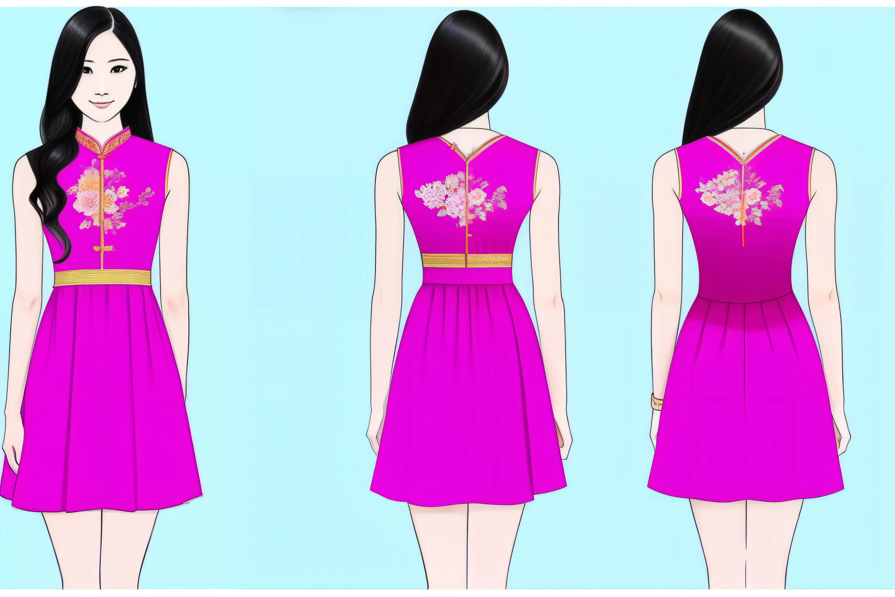 draw sketch of western short dress fusion with chinese, Front and back of model. Face side and back side both