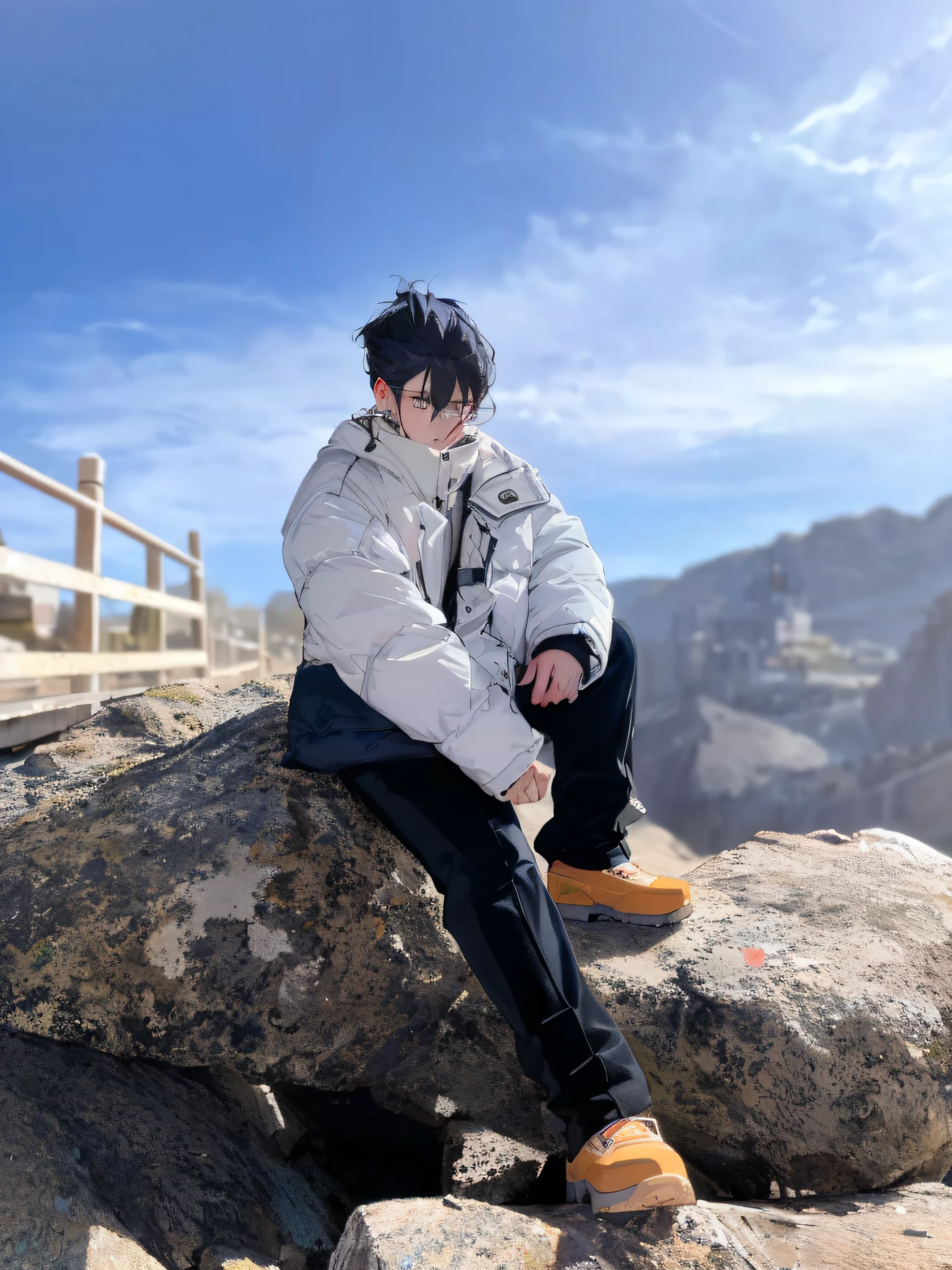 ((((dramatic))), (((gritty))), (((intense))) The movie poster features a young man as the central character。He sat on a rock，, sitting cutely on a mountain, cold as ice! 🧊, reflective puffy coat, standing on rocky ground, on rock, He sits confidently in the center of the poster，Dress in fashion-forward clothing，with a determined expression on her face。The background is dark and gritty，There is a sense of danger and a strong feeling。The text is bold and eye-catching，With catchy slogans，Adds to the overall drama and excitement。The color palette is dominated by dark colors，Dotted with bright colors，Make the poster dynamic and visually striking，tachi-e (magazine:1.3), (cover-style:1.3), fashionable, woman, vibrant, outfit, posing, front,rich colourful，dyna，Background with，element in，self-assured，Expressing the，halter，statement，attachment，A majestic，coil，Runt，Touching pubic area，Scenes，text，Cover of a，boldness，attention-grabbing，titles，Fashionab，typeface，Catchy，titles，more big，smart、moderno、Trendy、focus-on、Fashionab、