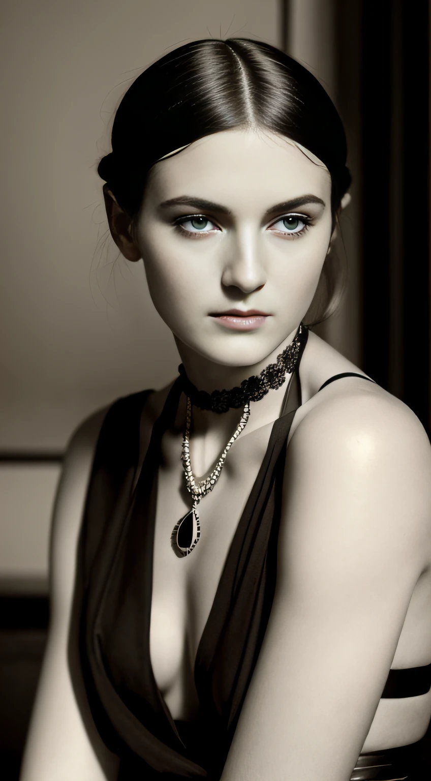 1920s art deco sepia photograph, photorealistic picture of a18 yo english woman, classical looks, slim, sensual, dark eyes, white skin, thin black necklace choker with semi-precious stone, shoulder length black hair (tied behind her head in ponytail), naked, topless, beautiful breasts, serious expression, sensual, wing eyeliner, dark make up, bright lighting, short depth of field, soft focus, low contrast, highly accurate facial details, perfect skin, thick eyebrows, pale lips, demure, shy, delicate watch on left hand, high quality, erotic, sensual, sarah moon