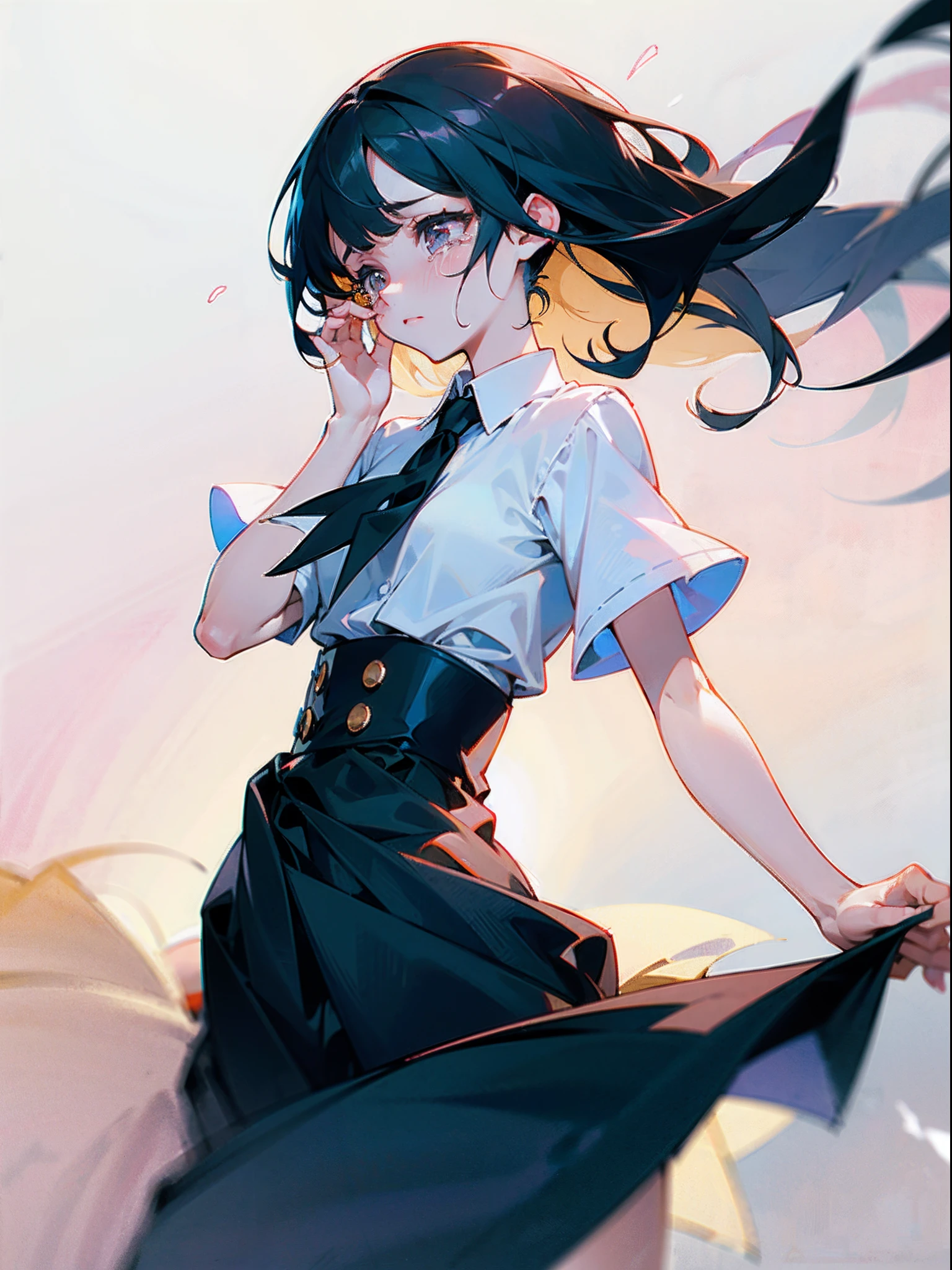 one girls, View from waist to head, Wide open eyes, irate, is crying, Tears flow from the eyes, Grab the hem of the skirt, absurderes, Top image quality, hightquality, delicate illustration, Ultra-delicate, Delicate hand, hiquality