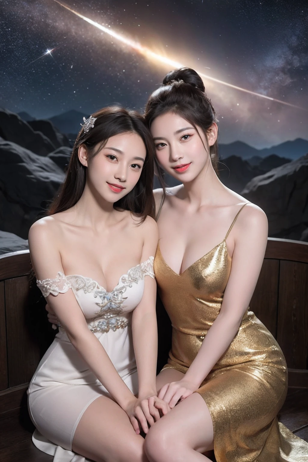 Smiling,Face focus, Meteor shower in the starry sky, Several lesbians sitting together looking at the stars,leering,leering:1.3, Planets explosding,Masterpiece, Best quality, intricately details, absurderes,ulzang