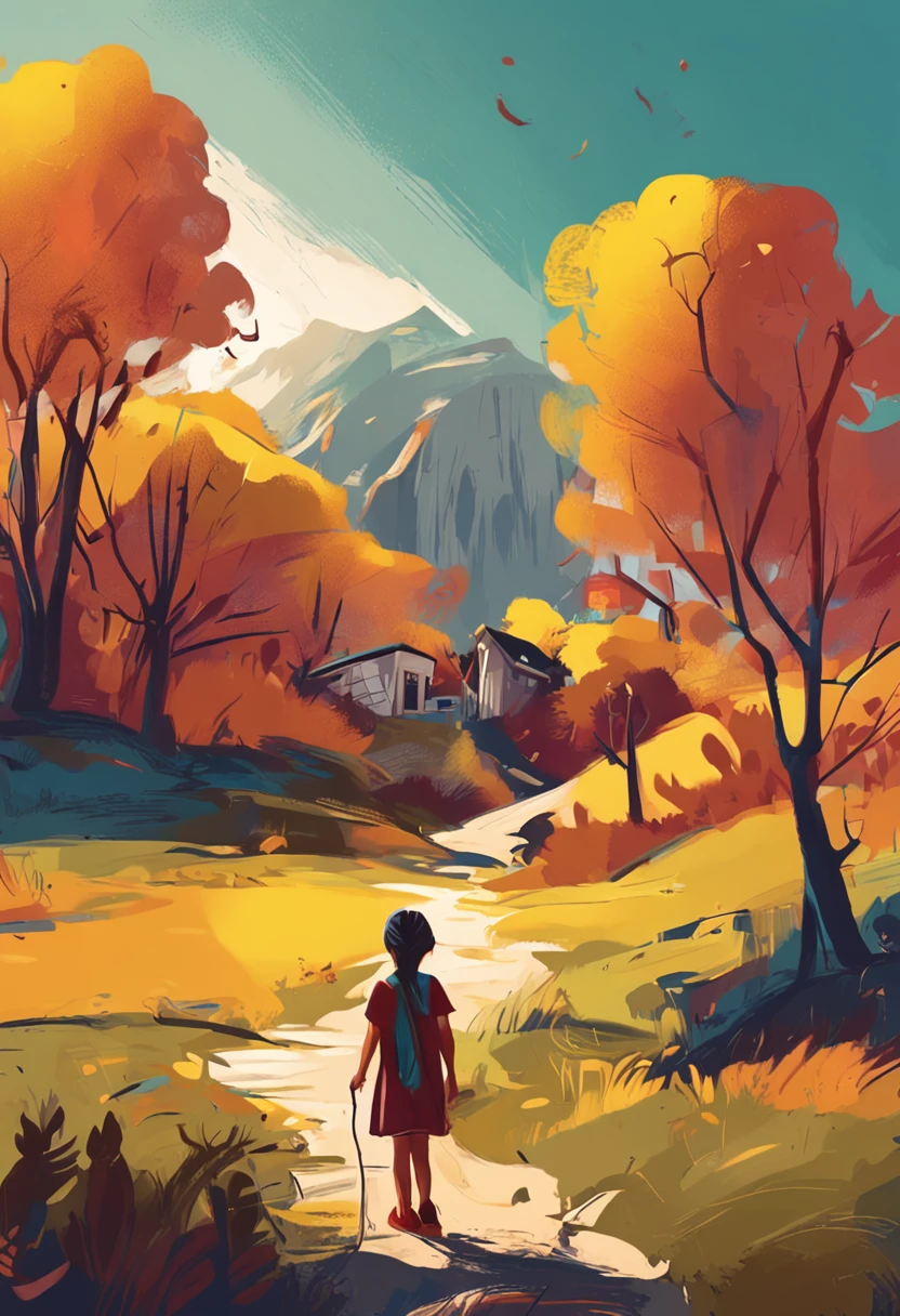 OilPaintStyle,foot of the mountain,natta,A girl,Holding a small yellow lamp in his hand,Walk down the hill,On the hill are looming houses and trees