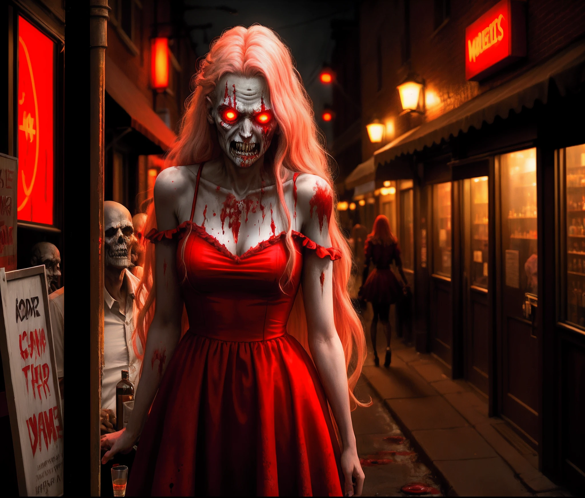 zombie，Female pervert，Red dress，Bar doorway，long whitr hair，With his head bowed，There are men behind him，Laughed，Charming，Middle of the night，neonlight