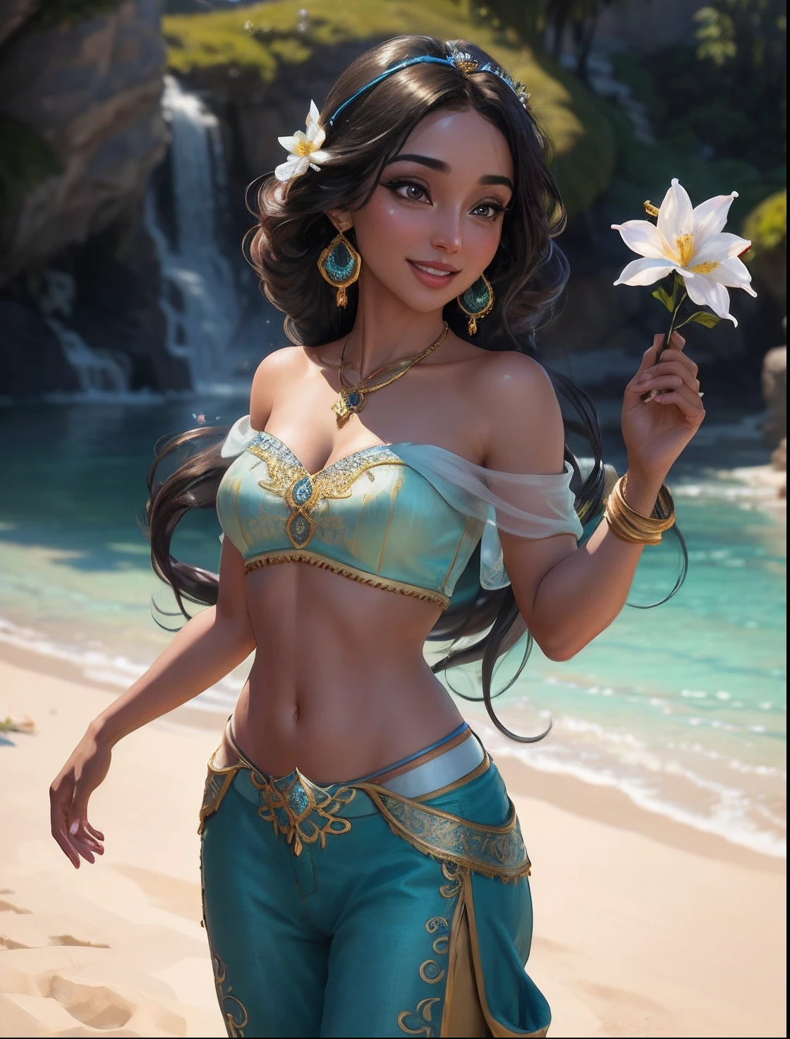 jasmine  1girl, solo, breasts, smile, open mouth, navel, holding, bare shoulders, jewelry, flower, earrings, midriff, pants, necklace, off shoulder, bracelet, see-through, white flower, gem, off-shoulder shirt, holding flower, multi-tied hair, arabian clothes (realistic:1.2), (realism), (masterpiece:1.2), (best quality), (ultra detailed), (8k, 4k, intricate),(full-body-shot:1), (85mm),light particles, lighting, (highly detailed:1.2),(detailed face:1.2), (gradients), sfw, colorful,(detailed eyes:1.2)(detailed background),detailed landscape, (dynamic angle:1.2), (dynamic pose:1.2), (rule of third_composition:1.3), (Line of action:1.2)