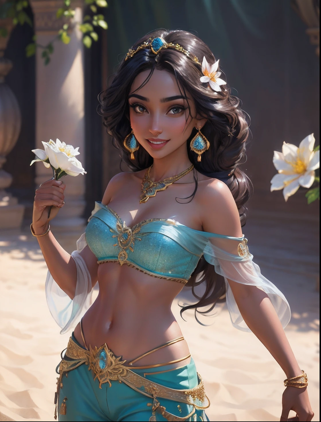 jasmine  1girl, solo, breasts, smile, open mouth, navel, holding, bare shoulders, jewelry, flower, earrings, midriff, pants, necklace, off shoulder, bracelet, see-through, white flower, gem, off-shoulder shirt, holding flower, multi-tied hair, arabian clothes (realistic:1.2), (realism), (masterpiece:1.2), (best quality), (ultra detailed), (8k, 4k, intricate),(full-body-shot:1), (85mm),light particles, lighting, (highly detailed:1.2),(detailed face:1.2), (gradients), sfw, colorful,(detailed eyes:1.2)(detailed background),detailed landscape, (dynamic angle:1.2), (dynamic pose:1.2), (rule of third_composition:1.3), (Line of action:1.2)