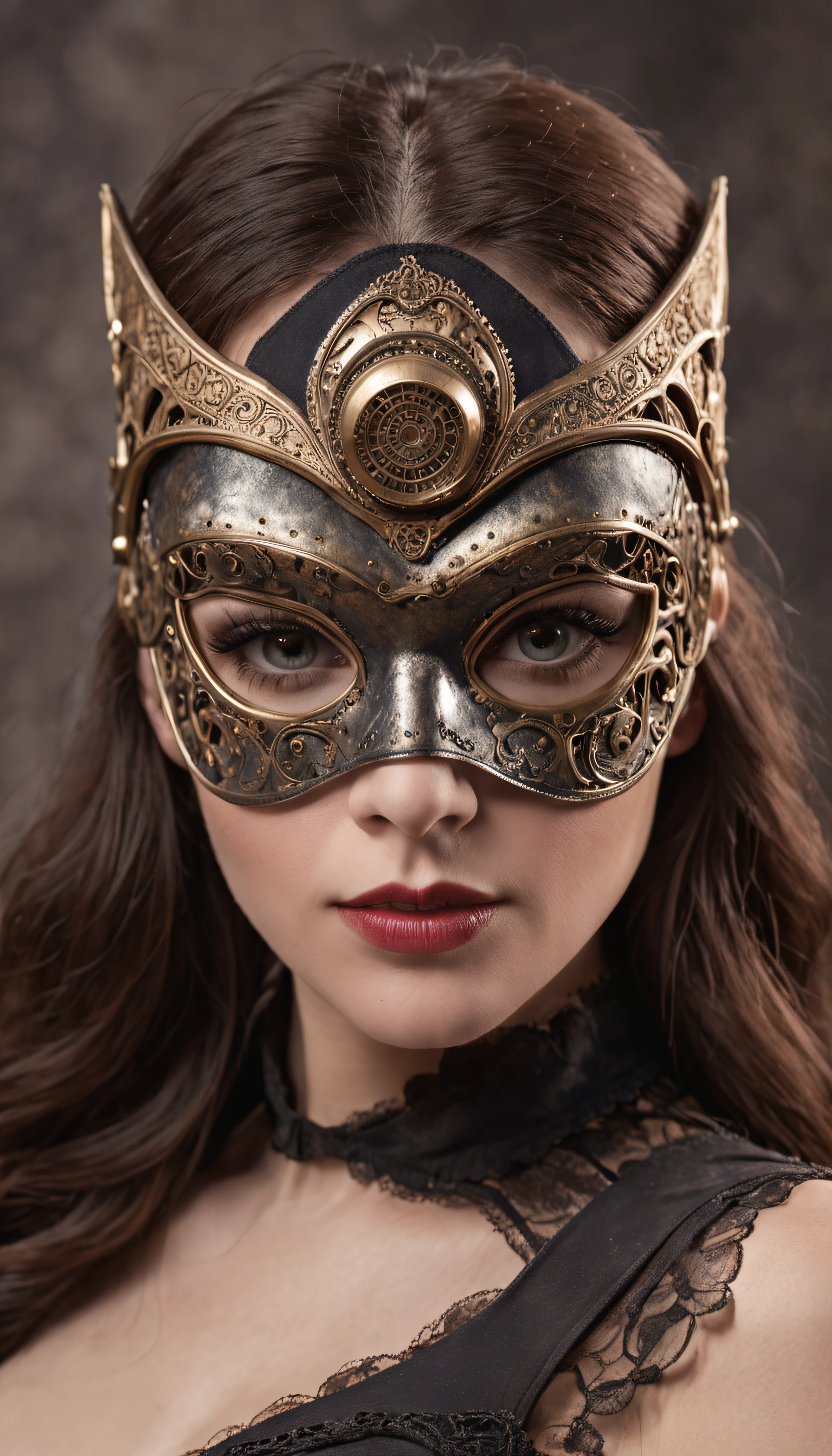 female heroine in DC's Steampunk style mask, poca ropa, ajustada, cuerpo completo, (con enmascaramiento basado en flash), Estilo steampunk, Antecedentes antiguos, elegante, deslumbrante, (papel tapiz), Arte conceptual, Detalles intrincados, Altamente detallado, ((kinematics)), dramatic, (Calidad extremadamente alta, Concedido, obra:1.5), (fotorrealista:1.5), Foto Fotorrealista, NIKON, luz natural, 4k, a high definition, XF IQ4, 150MP, 50 millimeters, Certificado ISO 1000, 1/250s, luz natural, Adobe Lightroom, Photo Lab, Photographic affinity, PhotoDirector 365,