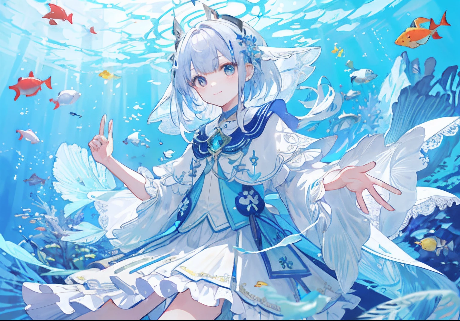 masterpiece, hightquality, Marine forest, 城市, Fantastic Fantasy, 22-year-old girl in the center looking up at the sky、glowing plants, Coral Viaduct, (School of glowing little fish), (fish flocks), Foggy, Extreme detailing, Morning light, Magnificent composition, (intricate detailes), (intricate designs, The ultra-detailliert: 1.2), art stations, (masterpiece, top-quality), Ulutra HD, 32K 、Fish shadow、Lots of Fish、View from below、Under the sea 、Wearing a white translucent cloak 、Clione Girl、Clione's horn、White gradient hair、Large coral reefs 、A detailed eye 、A slight smil、Clione --v 6