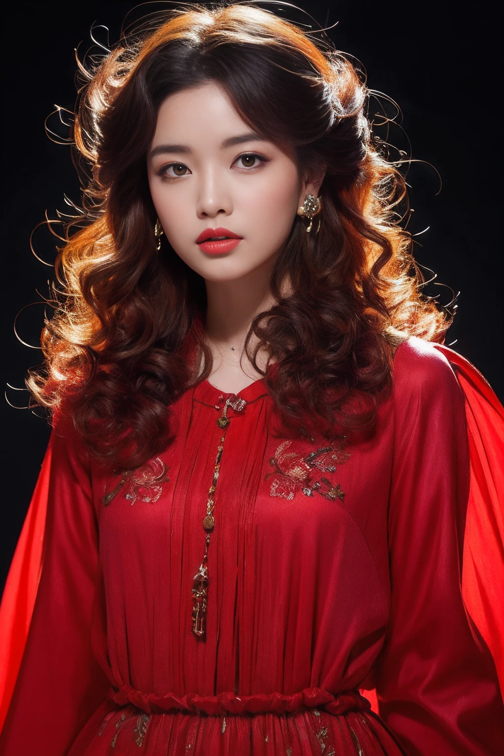 32K(tmasterpiece,k hd,hyper HD,32K)Flowy large curly hair,Flowing rouge,ponds,zydink, a color, Asian people (Silly girl), (Silk scarf), Combat posture, looking at the ground, Large rolls of rouge, Flowing rouge curls, Crocodile skin skull headdress, Chinese long-sleeved clothing, (abstract ink splash:1.2), Pink lotus background,Water lily flower protector(realisticlying:1.4),Rouge hair,Autumn is in full swing,The background is pure, A high resolution, the detail, RAW photogr, Sharp Re, Nikon D850 Film Stock Photo by Jefferies Lee 4 Kodak Portra 400 Camera F1.6 shots, Rich colors, ultra-realistic vivid textures, Dramatic lighting, Unreal Engine Art Station Trend, cinestir 800,Large curls,Flowing rouge
