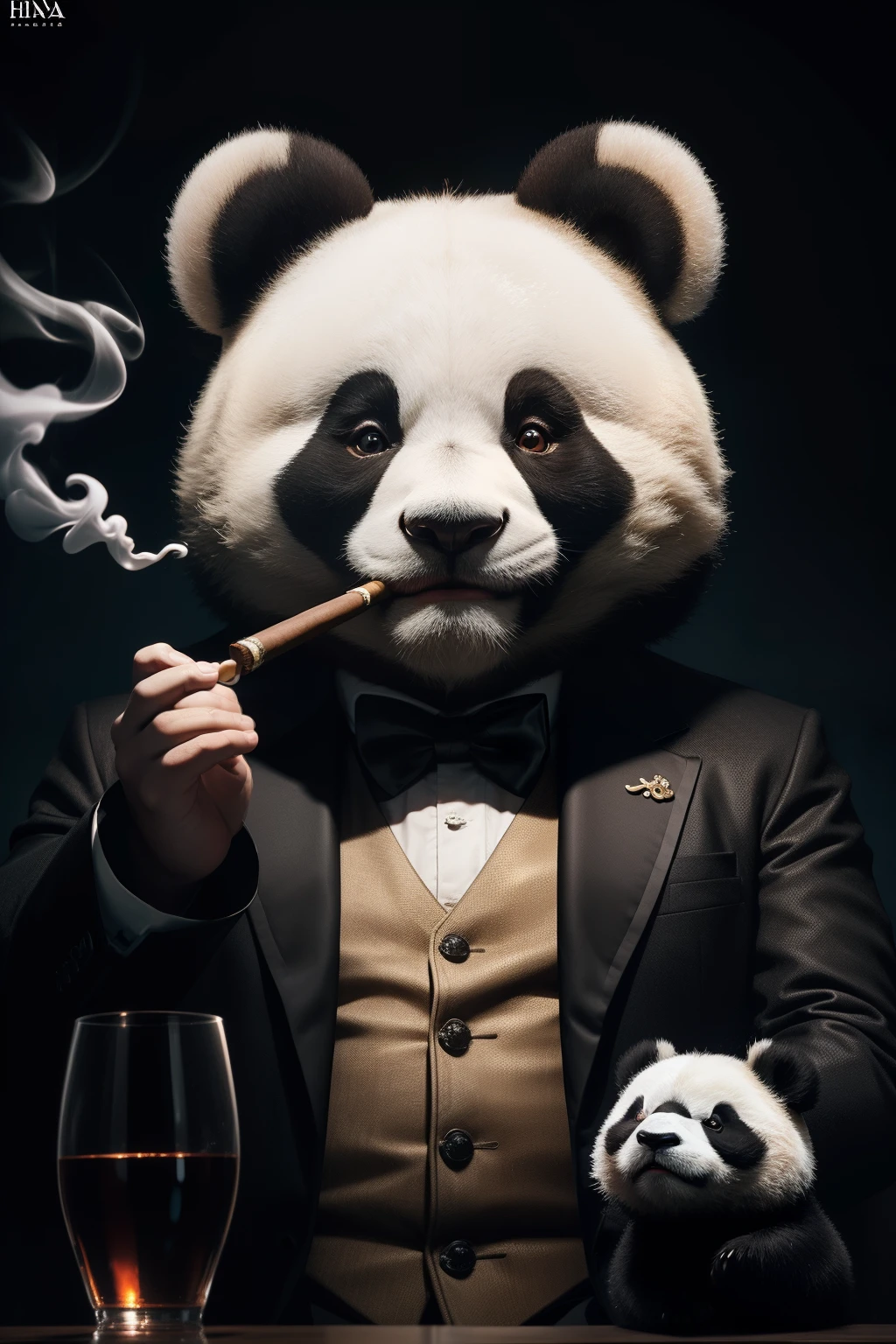 tmasterpiece,highest quality,4K,A high resolution,Cinematic lighting effects,1panda,Panda head human body,Like a panda of the godfather of the gangster,sitted,Smoking a cigar,In the dimly lit chambers