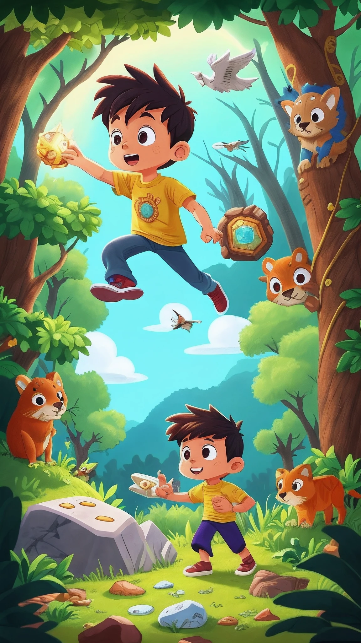 Leo realizes that the magic stone gives him superpowers, How to fly and do amazing things.
• He helps forest animals in trouble, como resgatar um esquilo preso em um galho alto.
• Children learn about empathy and the importance of helping others.