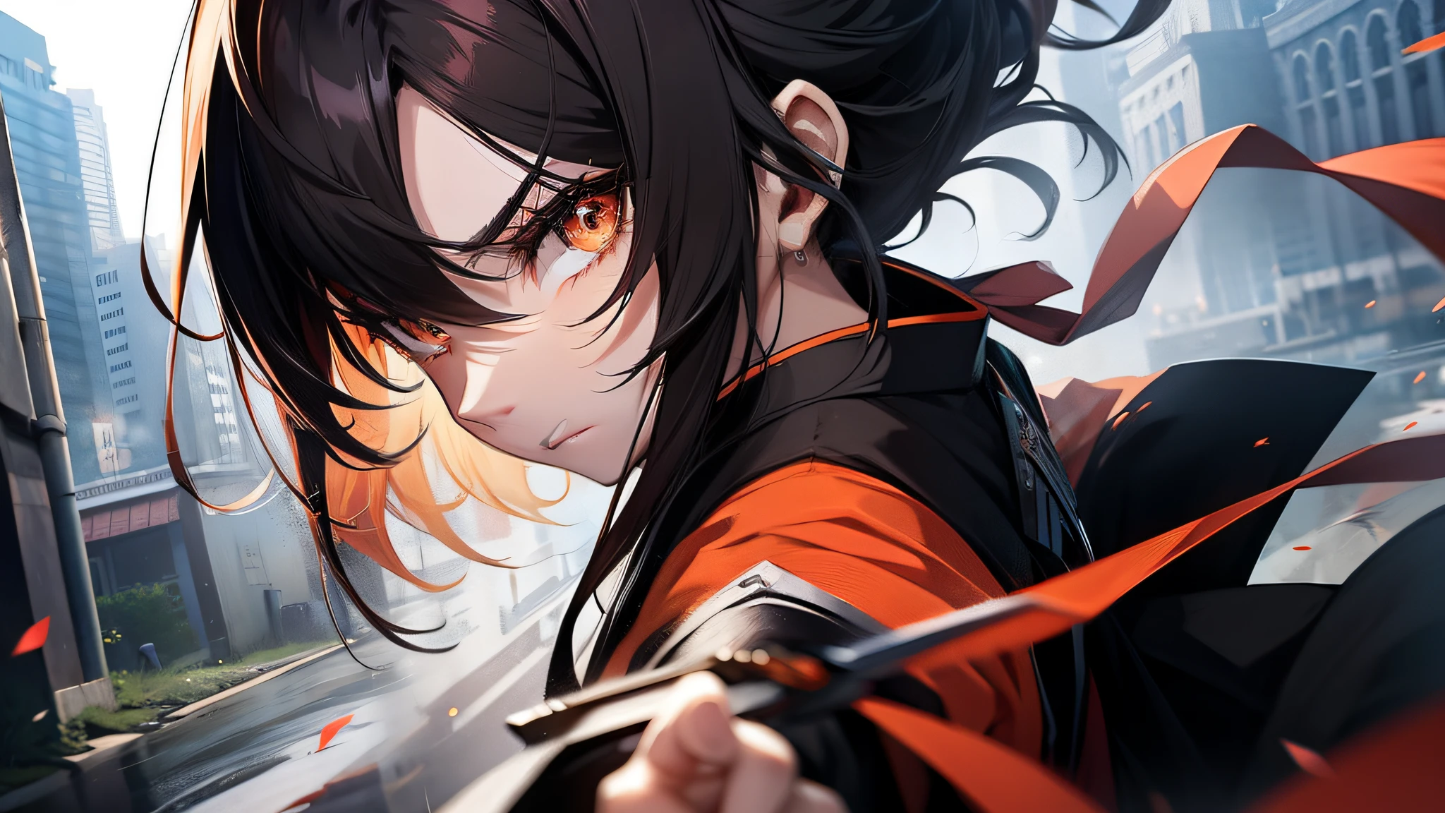 background battlefield，Black-orange hanfu，clutching a sword，Point forward，The proportions are normal，Domineering。