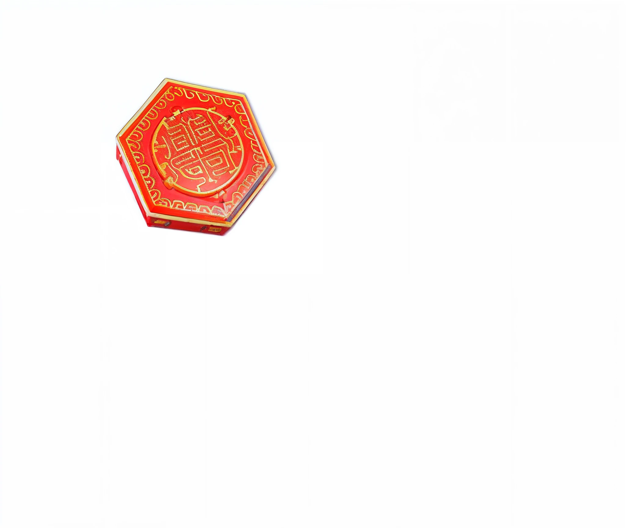 The pole has red and yellow Chinese style logos, , , , seen from the side, , ancient symbol behind it, hexagons,Detail fixes