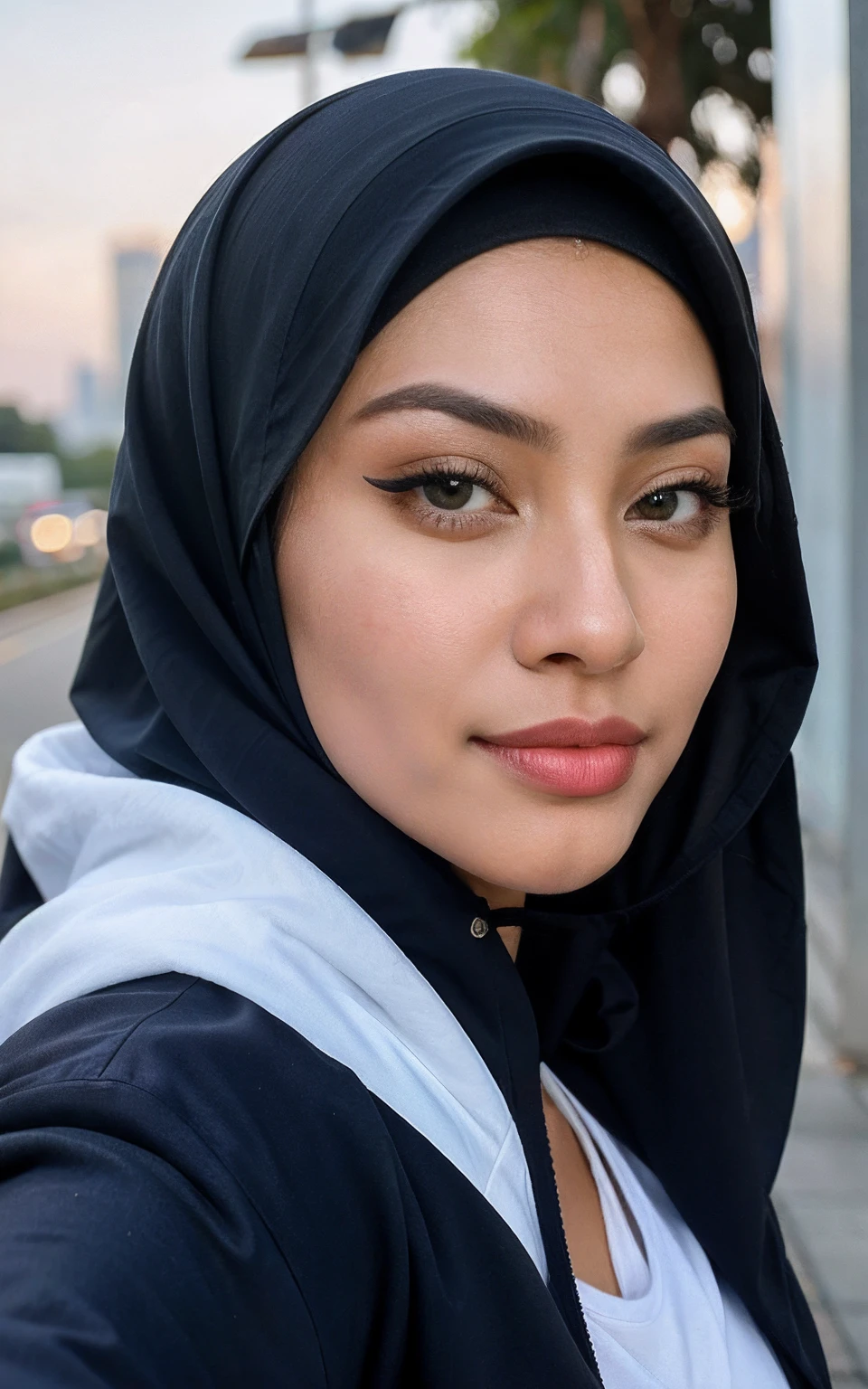 photorealistic, best quality, hyper detailed, beautiful woman asian age 22 name nurul eye broown, selfie photo, upper body, solo, wearing tudung muslim,hijab,contact lense,hoodie, at a gym, outdoors, (evening), in kuala lumpur road (cheerful, happy,confident,rich,calm), looking at viewer, skin texture, film grain, close up, ultra high res, best shadow, instagram Nurul