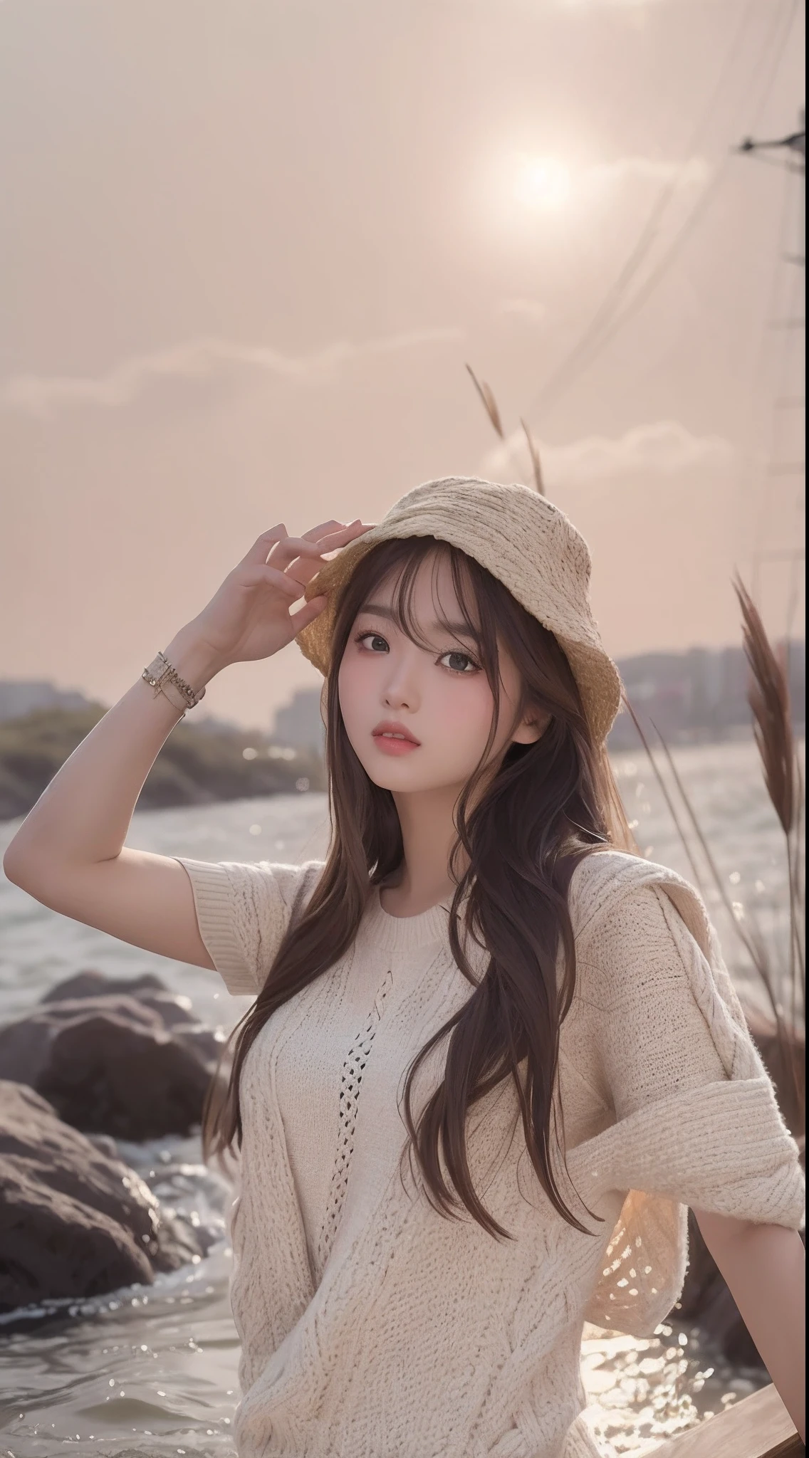 1girl walking on the river, mix4, sweater, pillow, lips, open_mouth, realistic, photo_\(medium\), solo, stuffed_animal, stuffed_toy, teddy_bear, (masterpiece), (realism: 1.3), super detailed, (High detail skin: 1.2), (Best quality: 1.0), (Ultra resolution: 1.0), (ULZZANG-6500: 0.3), wavy detail hair, long hair, sunshine, (beautiful detail makeup), (sexually aroused blush, heavy breath: 1.0), floral theme petals scattered, (soft light bloom: 0.5)