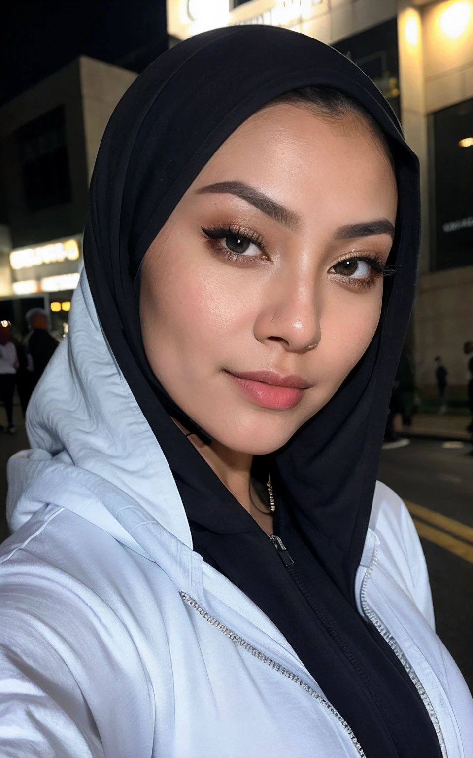 photorealistic, best quality, hyper detailed, beautiful woman asian age 22 name nurul eye broown, selfie photo, upper body, solo, wearing tudung muslim,hijab,contact lense,hoodie, at a gym, outdoors, (evening), in kuala lumpur road (cheerful, happy,confident,rich,calm), looking at viewer, skin texture, film grain, close up, ultra high res, best shadow, instagram Nurul