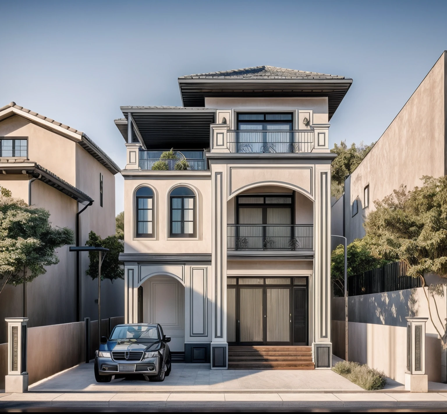 A (Photorealism:1.1) car parked in front of a two story building, clean linework, frontview, inter dimensional villa, (white wall:1.1), White column and wall details, (detail roof tile:1.1), (window glass detail:1.1), (wall lamp) 3rd floor details, (Balcony fence details:1.1), exterior design, white detailed sketch, neo - classical style, architectural illustration, realistic architecture, architectural concept, residential design, (masterpiece),(high quality), best quality, real,(realistic), super detailed, (full detail),(4k),8k,architecture, RAW photo,Masterpiece, high quality, best quality, authentic, super detail, exterior, outdoor town house style, street, white wall, louver roof, refection glass windows, climbing plant on the bacony,(straight line architecture arch:1.2), trees, beautifuL sky, (day:1.1),vray, people walking on the sidewalk in front of a house, photo render, corporate photo, digitally enhanced, render, exterior shot, photorealistic, screengrab, (god ray:1.1), digitally painted, transparent, front-view, an illustration of, full - view, discovered photo, still capture, unreal engine 5, octane render, cinematic, front lighting, ultra-detail, ((realistic)) depth of field, photography, ((Super detailed)), FKAA, TXAA, RTX, SSAO, Post Processing, Post-Production, CGI, VFX, SFX, Full color, HDR, Realistic,8k,((Unreal Engine 5)), Cinematic intricate detail, extreme detail, science, hyper-detail, FKAA, super detail, super realistic, crazy detail, intricate detail, reflected light on glass, eye-catching wall lights, unreal engine 5, octane render, cinematic, 8K,Detailed, High-fidelity, Viwvid, Crisp, Sharp, soft lighting, Bright, Stunning low, ((Lifelike)), Natural, ((Eye-catching)), Illuminating, Flawless, High-quality,Sharp edge rendering