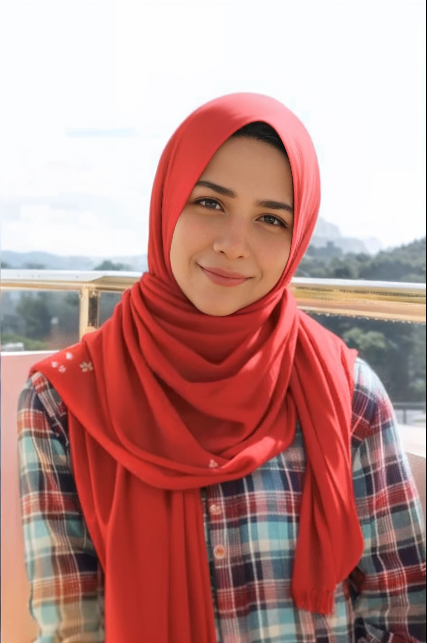 a close up of a woman wearing a red scarf and plaid shirt, faridah malik, hannah yata, malaysian, ismail, hijab, inspired by Nazmi Ziya Guran, zenra taliyah, inspired by Naza, inspired by Fathi Hassan, saadane afif, student, riyahd cassiem, zaha hadi, full protrait
