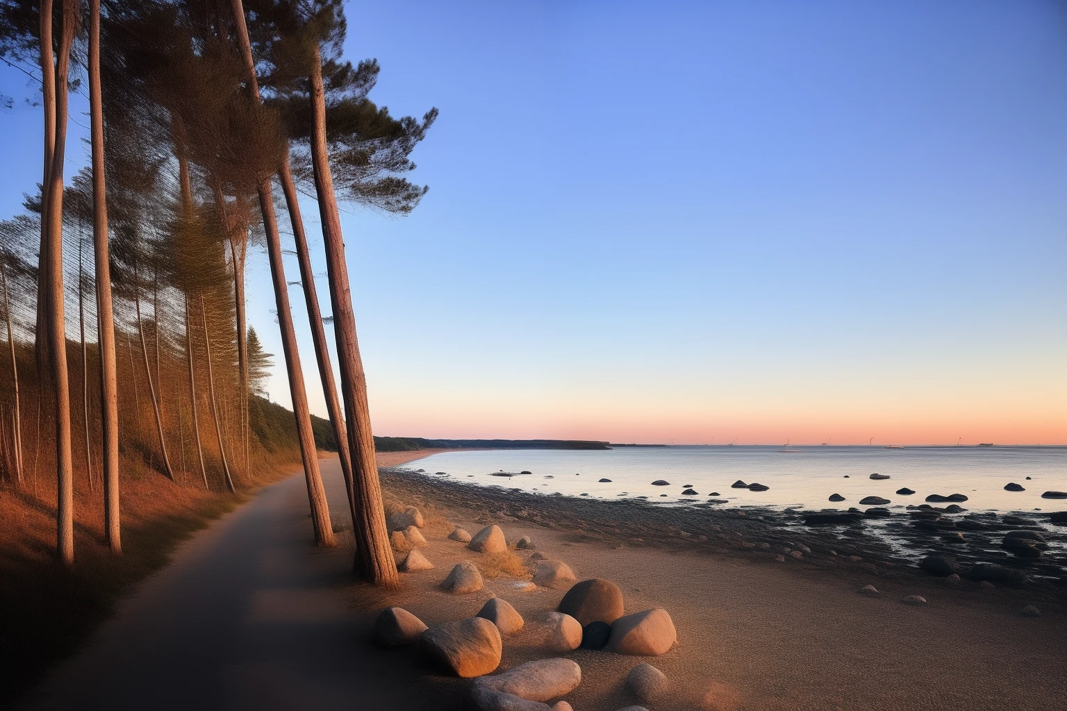There is a path by the water，There are stones on it, Beach trees in the background, taken at golden hour, morning golden hour, late summer evening, Summer evening, author：Adrian Hanneman, author：Anna Heifesch, summer morning, road to the sea, author：Kristan Dalsgard, during dawn, early morning, At sunrise
