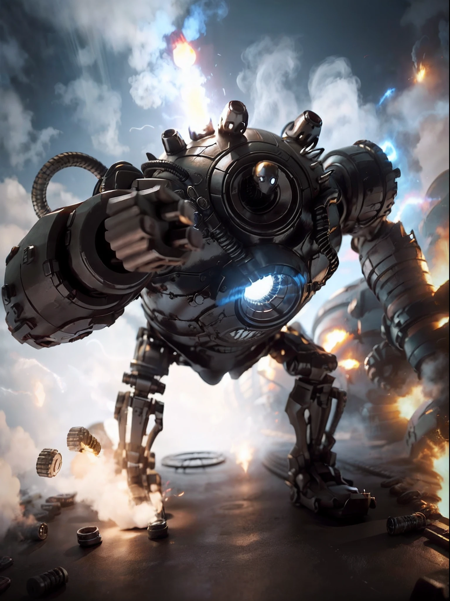 dynamic, realistic, solo, black and red mecha, (gatling gun, minigun, machine gun on left arm), (missile pods mounted on shoulders), war zone backdrop, shell casings, gun smoke, muzzle flash, human-sized, 12 feet tall