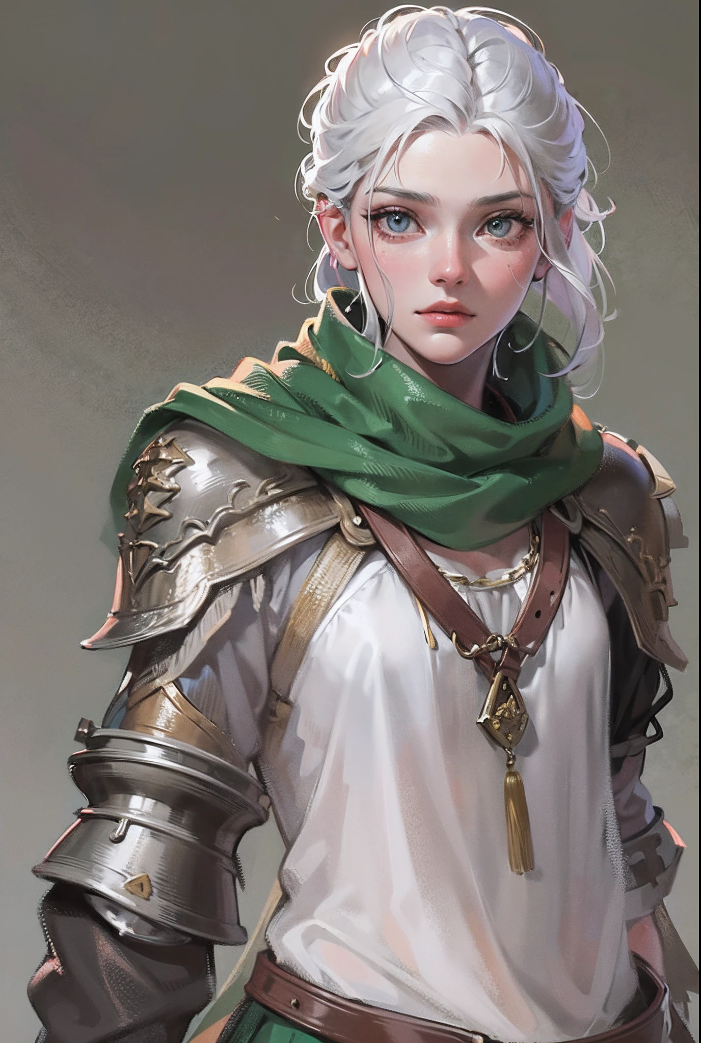 ((tmasterpiece)),(Best quality at best),A half body,facing at camera,(ultra intricately detailed),(Highest definition),(8K),(Clean lines),(Perfect facial features,Perfect flesh),Kind maiden,Poor,Unadorned,Simple,Sackcloth clothes,Civilian,Short silver-white hair,Cool-headed expression,(medieval times),warrioress,Descendants of God,goodness,Stay organized,righteous,