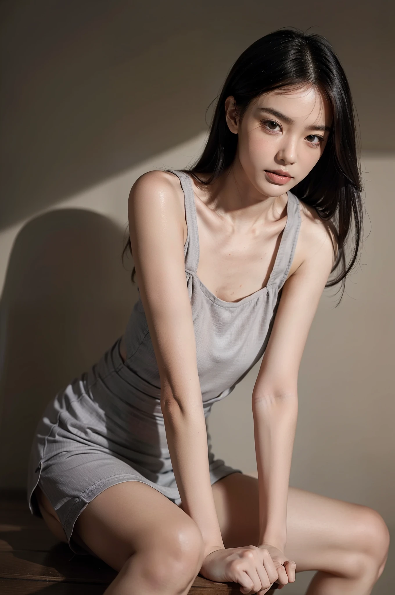 Highest image quality,Outstanding details,超高分辨率,(Fidelity:3.4),The best illustration,Favor the details,Highly cohesive 1girl,He has a delicate and beautiful face,Beautiful body,rosy lips,The mouth opened slightly,Small man's waist,Long legs,Big breasts Thin waist,Sit Pose,Grey suspenders on the upper body
