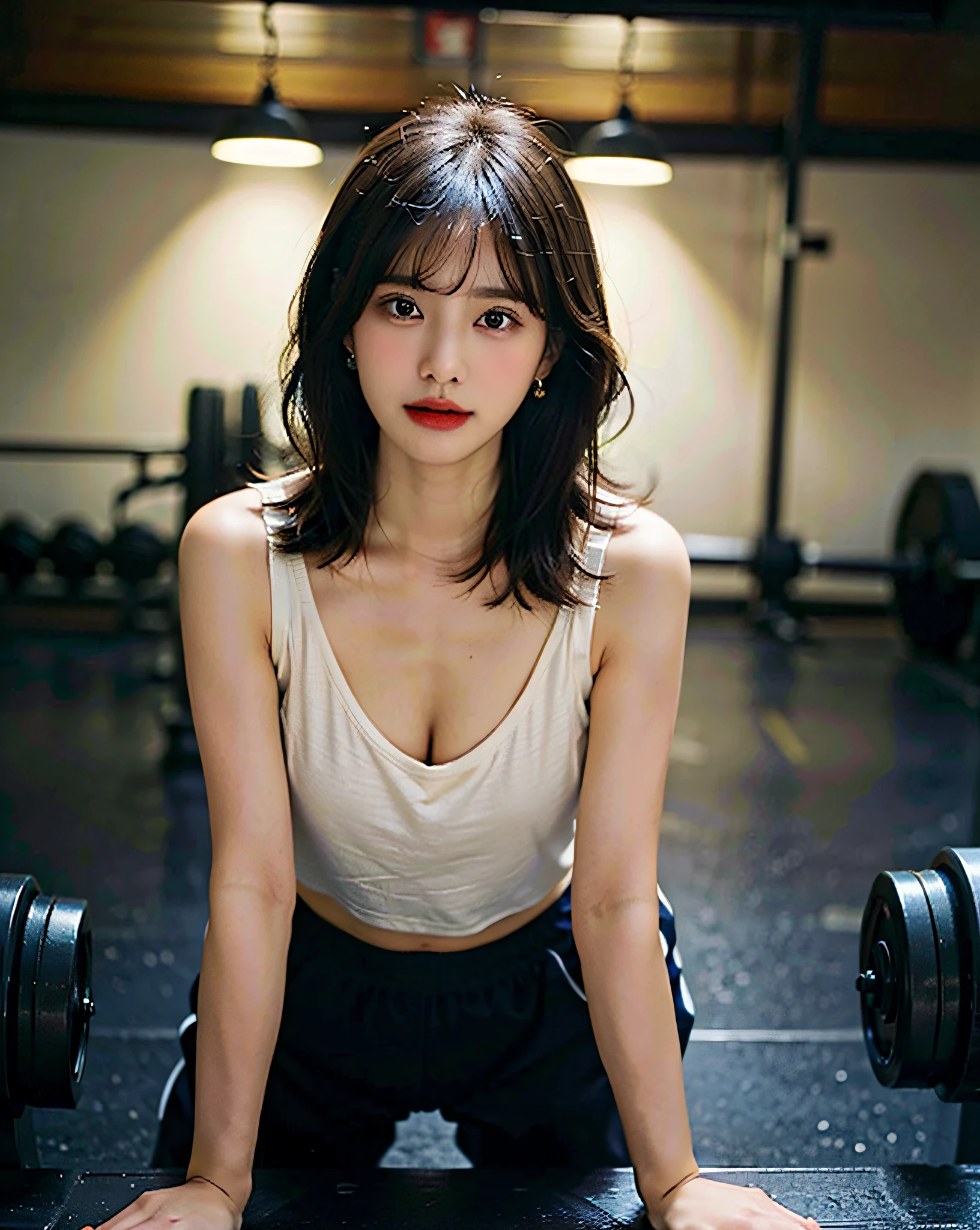 Highly detailed CG unity 8k wallpaper, of the highest quality, Super detailed, masutepiece, Realistic, photographrealistic, extremely detailed cute girl, 25yo, cleavage , (perspired) , Round eyes, peeping at the viewer, Blush, Smile, parted lip, Semi-body shot , Realistic、track suit、Realistic reproduction with vests , Panties , Squat, sports gym