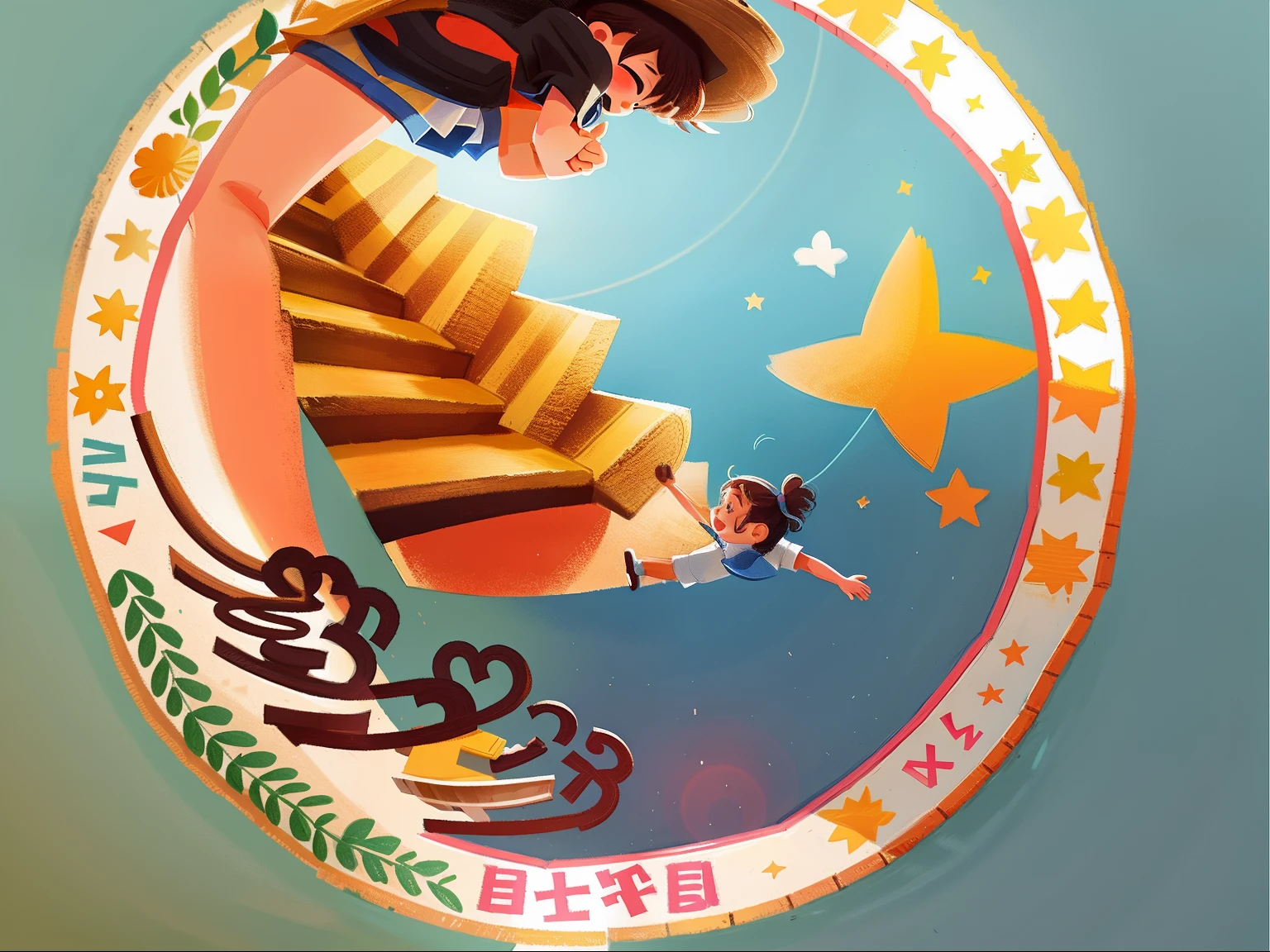 This is a circular school emblem,A little ??? climbing the steps,Embodies sunshine and positive tones,