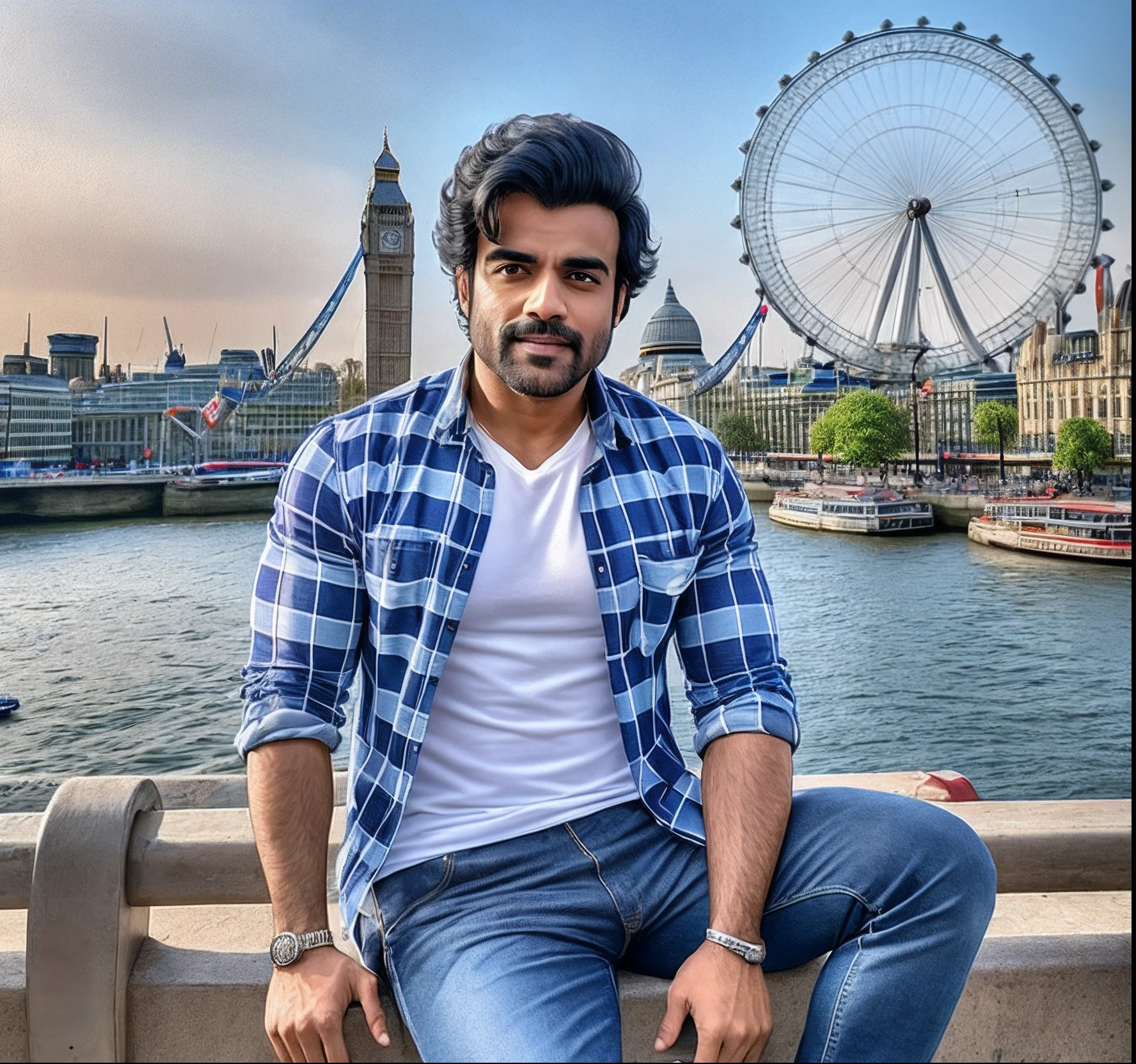 wide angle, portrait of bollywood actor Ram Charan, wearing check shirt and blue jeans, in London, not wearing glasses, properly drawn hands, 4k, 8k, high resolution, full realistic photograph, real life character, london eye in background, blur background --auto --s2