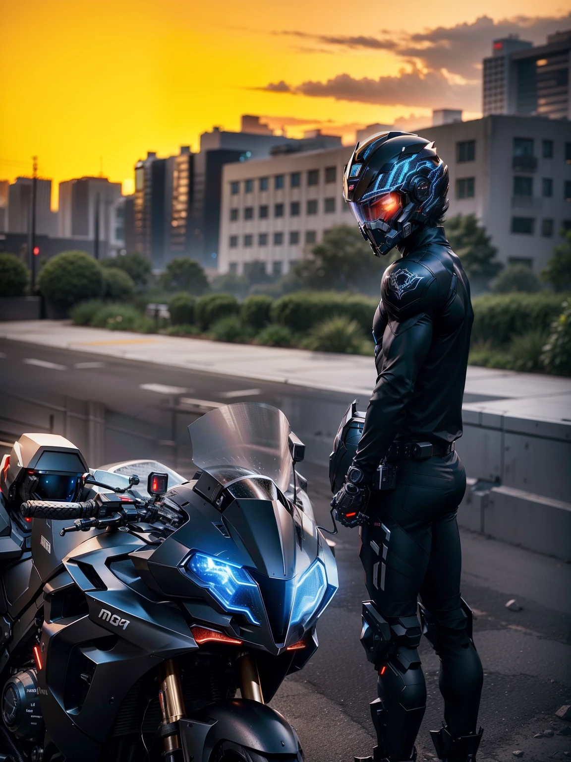 muscle strong、A network handsome warrior with a black mech，Black Cyber mechanical motorcycle，High-tech black full enveloping helmet，with short white hair，Nousr， Biomechanicals， MSHN Robot Man，High-tech helmet，hyper realisitc， Steel， Complex design， insanely details， finely detailled， Extremely clear lines， cinmatic lighting， photograph realistic， A detailed masterpiece