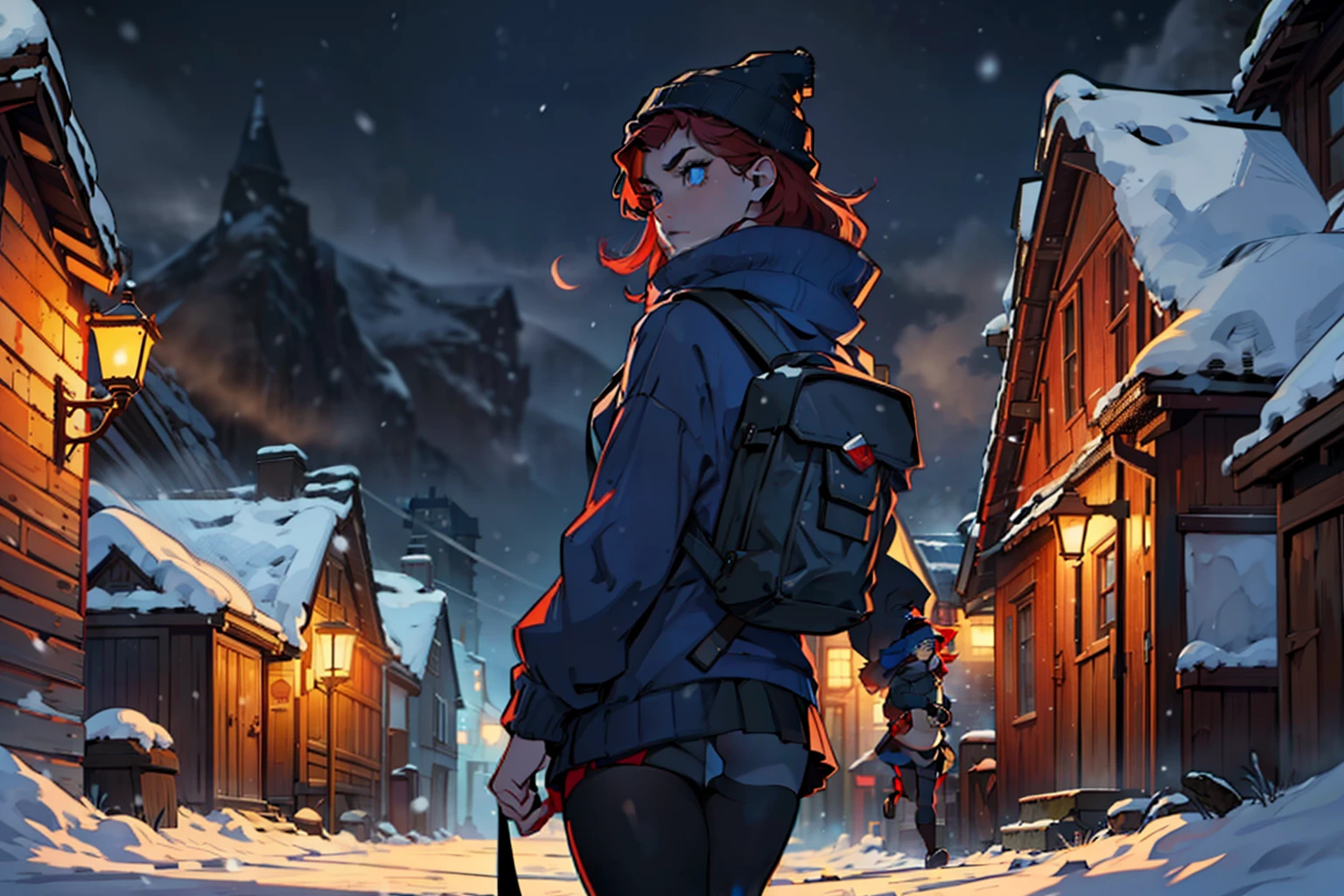 4k master piece, high detail, night time, dark, exterior of a red haired girl with blue eyes, wearing a dark blue sweater and beanie, with black tights and wearing a yellow backpack, walking through an empty snowy village at night, dark, scary, foggy and snowing, dynamic framing, dramatic pose