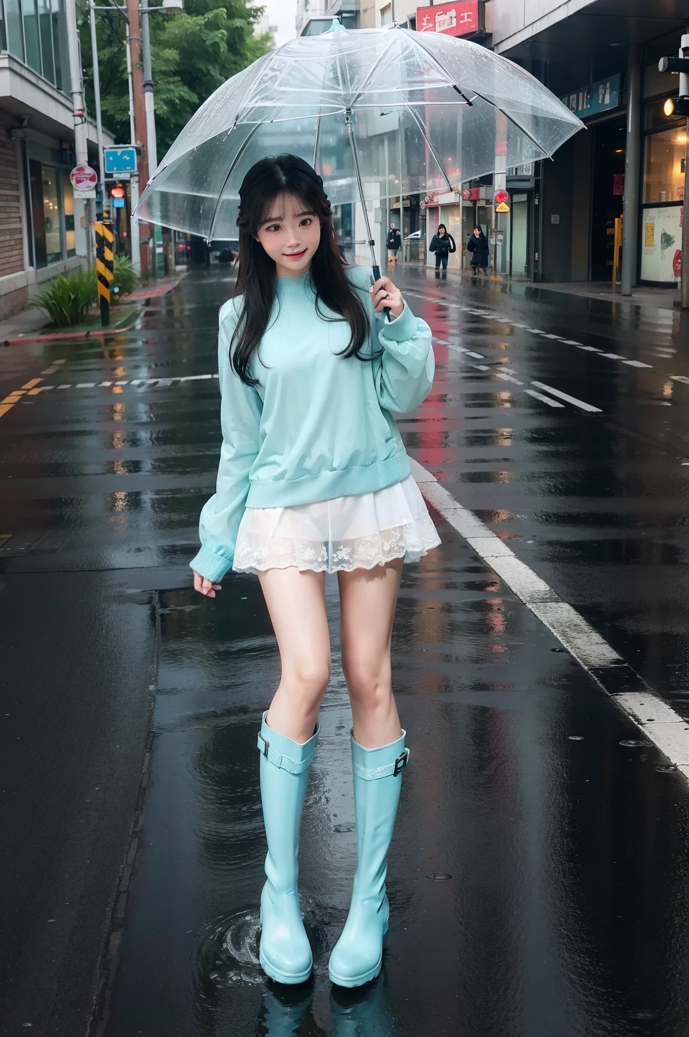 Cyan high-heeled rain boots,city alley,Standing water on the side of the road flooded the boots of the calves,Cute long-haired JK sister,squatt,Wipe water droplets from rain boots,White lace-trimmed knee-length socks,Stroke your rain boots,Legs sticking out,Side Body,