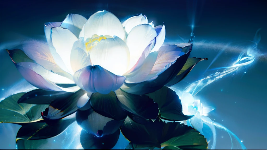The Great Lotus in the Light of Tyndall {blue white colors}Fire,Lightning arc,Light effects,CG,Blizzard style art trends,Diffuse luminous fog Noctilucent particles,Bright volumetric light
