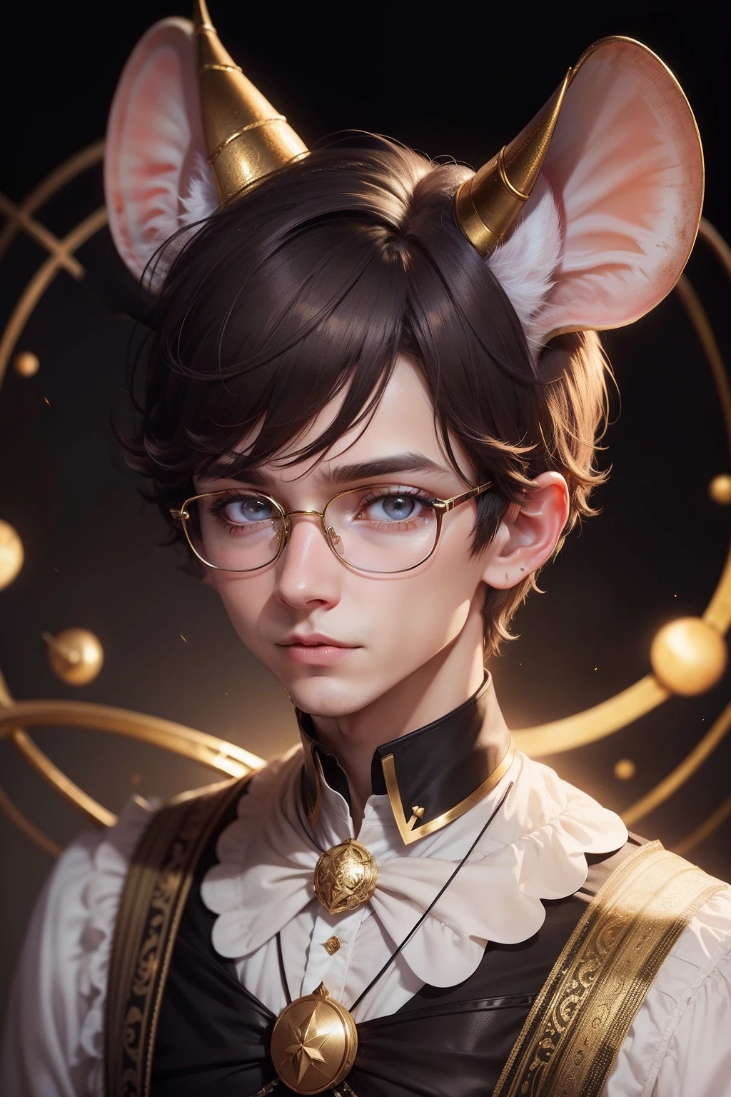 Mouse ears,There are horns on the head,Beautiful boy with gold wire glasses