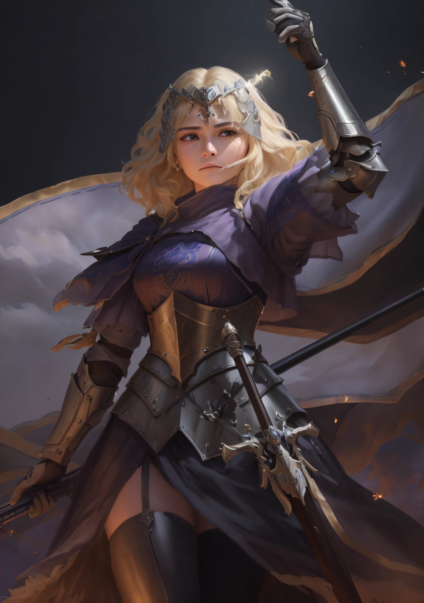 ((Best quality)), ((masterpiece)), (highly detailed:1.3),muskateer,armor,In a land plagued by the ravages of war, the destiny of a beautiful woman unfolds. Born into a humble life as a peasant in a rural village, she possesses a spirit that burns with determination and resilience. But when the drums of conflict echo through the land, her path takes an unexpected turn.Drawn by the call to defend her people, she is chosen to join an elite military order known as the Musketeers. Adorned in the fabled armor of the order, she emerges as a symbol of hope and strength. The images in this series showcase the journey of this remarkable woman as she embraces her newfound role and faces the trials of battle.The details of her armor are meticulously crafted, reflecting both functionality and (beauty:1.2). The images highlight the (intricate engravings:1.2), the gleam of (polished metal:1.2), and the (ornate:1.4) embellishments that adorn her protective gear. From the (majestic:1.2) plume atop her helmet to the delicate filigree on her breastplate, every aspect of the armor tells a story of honor and heritage.As the young musketeer ventures into the realm of warfare she wields her weapon with a combination of grace and strength, showcasing her skill in the art of combat. Each image captures a pivotal moment, freezing time to display the determination in her eyes, the whirlwind of action around her, and the ethereal glow of magic interwoven with her strikes.But the story extends beyond the battlefield. The images also delve into the personal struggles, friendships, and sacrifices that shape her journey. They reveal quiet moments of reflection, as she contemplates the weight of her duty and the toll of war upon her soul. Through the series, we witness her growth as she finds her place among her comrades, forging unbreakable bonds that transcend the chaos of battle.Within the tapestry of this fantastical world, the young musketeer's story unfolds. She embodies courage, resilience, and the indomitable spirit of those who rise above their circumstances. The images invite the viewer to witness her evolution from a humble peasant to a valiant defender, highlighting both the external transformation and the internal strength that propels her forward.As you bring this series of images to life, pay close attention to the intricate details of her armor. Let it become a visual representation of her journey, a tangible symbol of her growth and determination. May the beauty and power of the musketeer's tale inspire both awe and admiration, reminding us all of the strength that resides within us, waiting to be unleashed,HDR (High Dynamic Range),Ray Tracing,NVIDIA RTX,Super-Resolution,Unreal 5,Subsurface scattering,PBR Texturing,Post-processing,Anisotropic Filtering,Depth-of-field,Maximum clarity and sharpness,Multi-layered textures,Albedo and Specular maps,Surface shading,Accurate simulation of light-material interaction,Perfect proportions,Octane Render,Two-tone lighting,Low ISO,White balance,Rule of thirds,Wide aperature,8K RAW,Efficient Sub-Pixel,sub-pixel convolution,luminescent particles