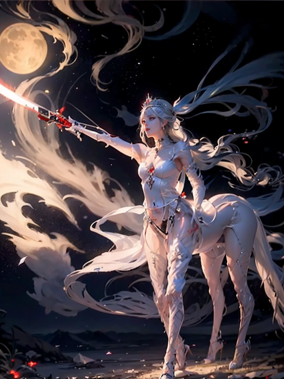 Female 1、Prince with long silver hair、Perfect facial features,Red glowing eyes and white skin、wearing a dragon tiara、The part of the black sword blade that has is、Runes are engraved from the base to the tip of the blade、Glows pale and white、Wearing monotone black armor with decorations、Two moons, White and red, float in the background