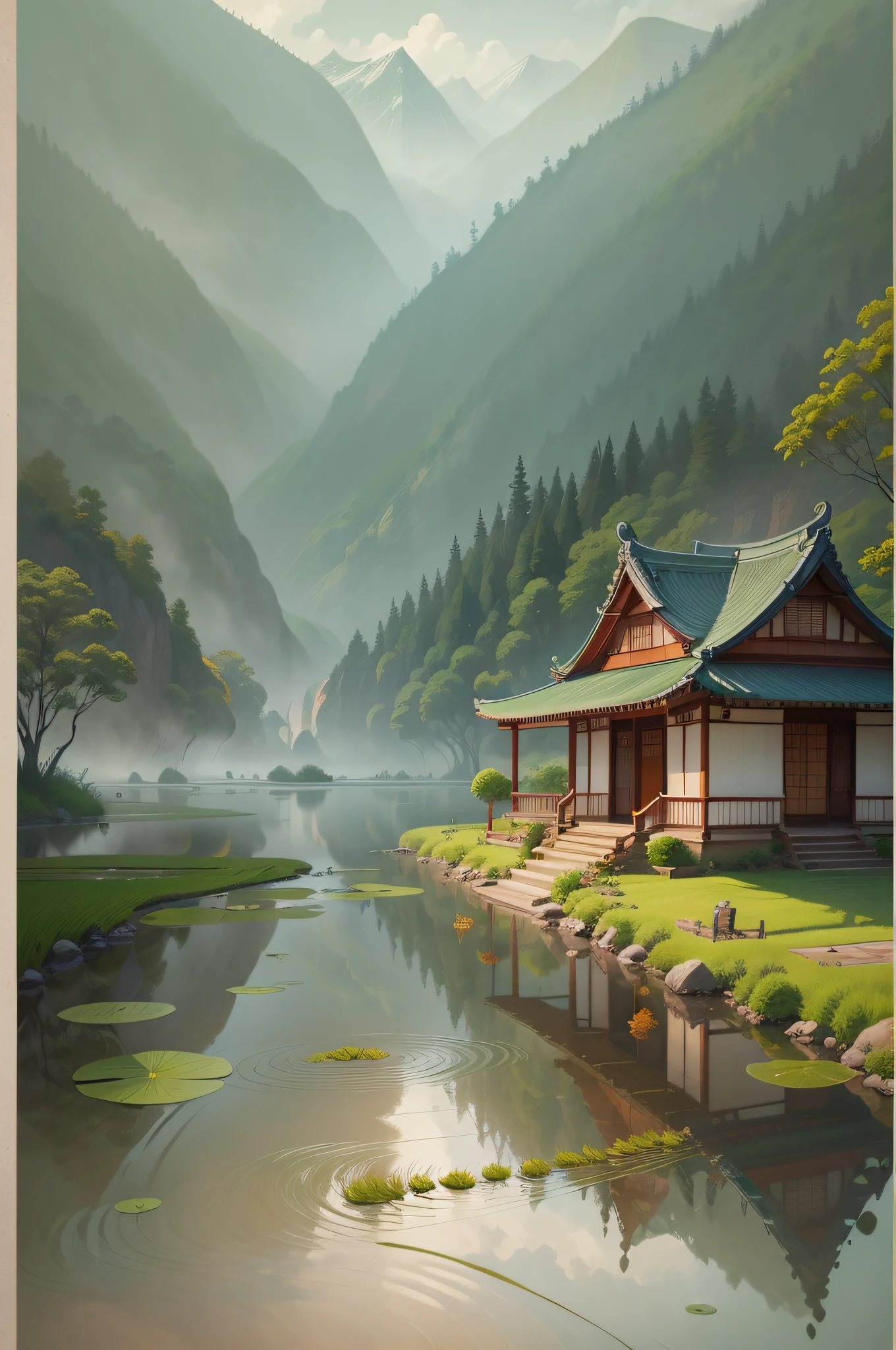 Grow rice in the water, A beautiful artwork illustration, Game illustration, serene illustration, Chinese watercolor style, by Yang J, Japanese inspired poster, artwork in the style of z.Show on the. gu, author:Xia Gui, G Liulian art style, Poster illustration, author:Fan Qi, environment design illustration, illustration concept art, author:Qu Leilei