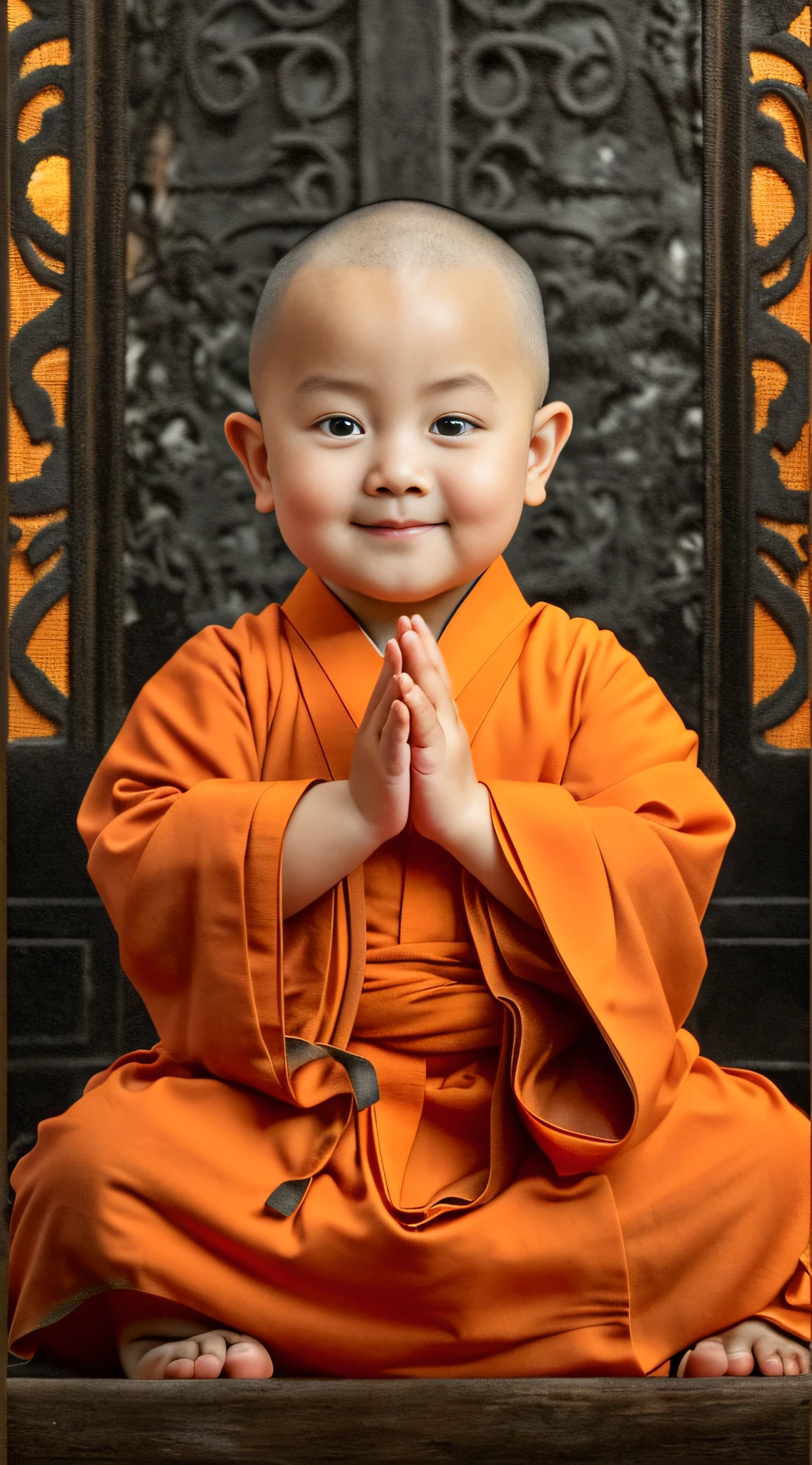 A 2-year-old Chinese monk,with a round face,Wearing a monk's costume,Fold your hands over your chest,sitting cross-legged,ssmile,in a temple,Disney style --ar 3:4 --q 5 --v 5。