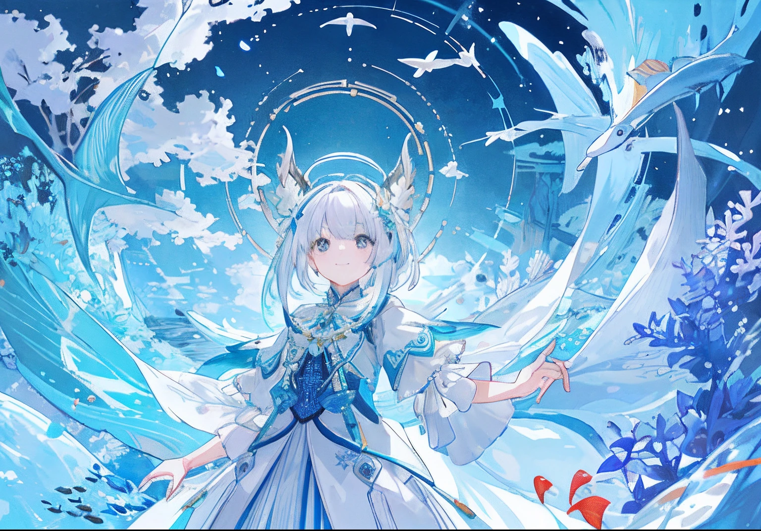masterpiece, hightquality, Marine forest, 城市, Fantastic Fantasy, 22-year-old girl in the center looking up at the sky、glowing plants, Coral Viaduct, (School of glowing little fish), (fish flocks), Foggy, Extreme detailing, Morning light, Magnificent composition, (intricate detailes), (intricate designs, The ultra-detailliert: 1.2), art stations, (masterpiece, top-quality), Ulutra HD, 32K 、Fish shadow、Lots of Fish、View from below、Under the sea 、Wearing a white translucent cloak 、Clione Girl、Clione's horn、White gradient hair、Large coral reefs 、A detailed eye 、A slight smil、Clione --v 6