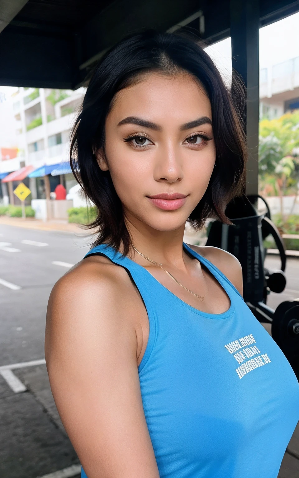 photorealistic, best quality, hyper detailed, beautiful woman asian age 22 name nurul eye broown, selfie photo, upper body, solo,contact lense,tshirt, at a gym, outdoors, (evening), in kuala lumpur road (cheerful, happy,confident,rich,calm), looking at viewer, skin texture, film grain, close up, ultra high res, best shadow, instagram Nurul