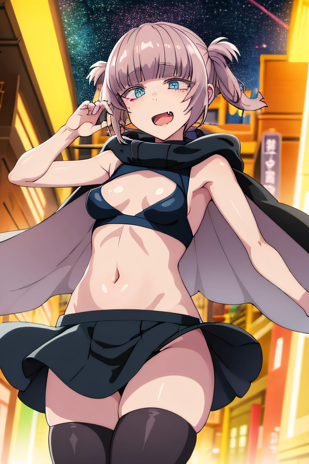 best quality, (masterpiece:1.2), highly detailed, yofukashi background, street, starry sky, 1girl, solo, nanakusa nazusa, standing, looking at the viewer, open mouth, slight smile, fang, blue eyes, pink hair, hair rings, black cape, sleeveless turtleneck, cleavage cutout, navel, black shorts, black thighhighs, punched in the belly, eyes wide open, pain