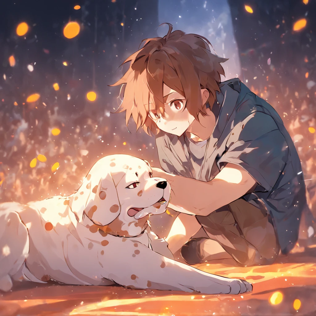 A white and brown puppy plays with a glowing polka dot next to its owner,A 27-year-old man with light brown hair;