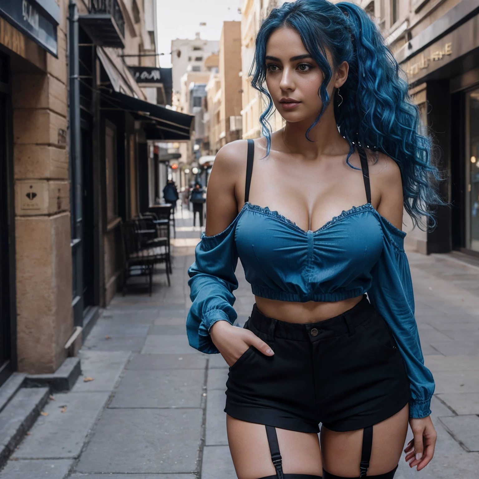 Highest quality, masterpiece, super high resolution, (photorealistic: 1.4), raw photo, (blue haired syrian woman), curly hair, hourglass figure, wide hips, plump thighs, 1 girl, off shoulder, garter belt, deep shadows, low key, cold light, background downtown, long curly hair, ponytail, Black clothes, half-undressed clothes, (((black shorts)))