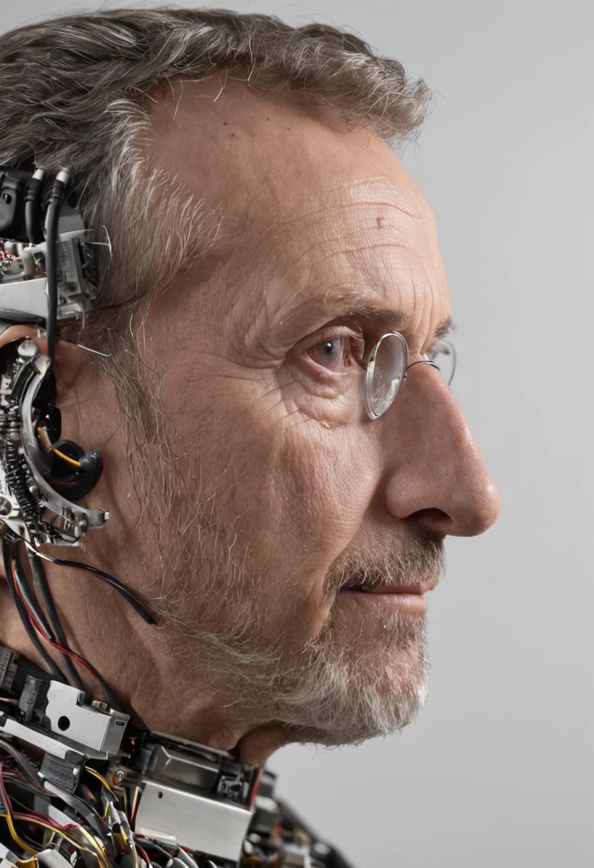 (((um homem))), master part, extremamente detalhado, melhor qualidade, With biomechanical suits, (metal skin with electronic circuits: 1.2), extremamente detalhado, intricate with lights and luminous electronic circuits, (como Dr. Gregory House:1.4). (8k, qualidade superior, melhor qualidade, obra-prima, altamente detalhado: 1.2), (de meio corpo:1.3)