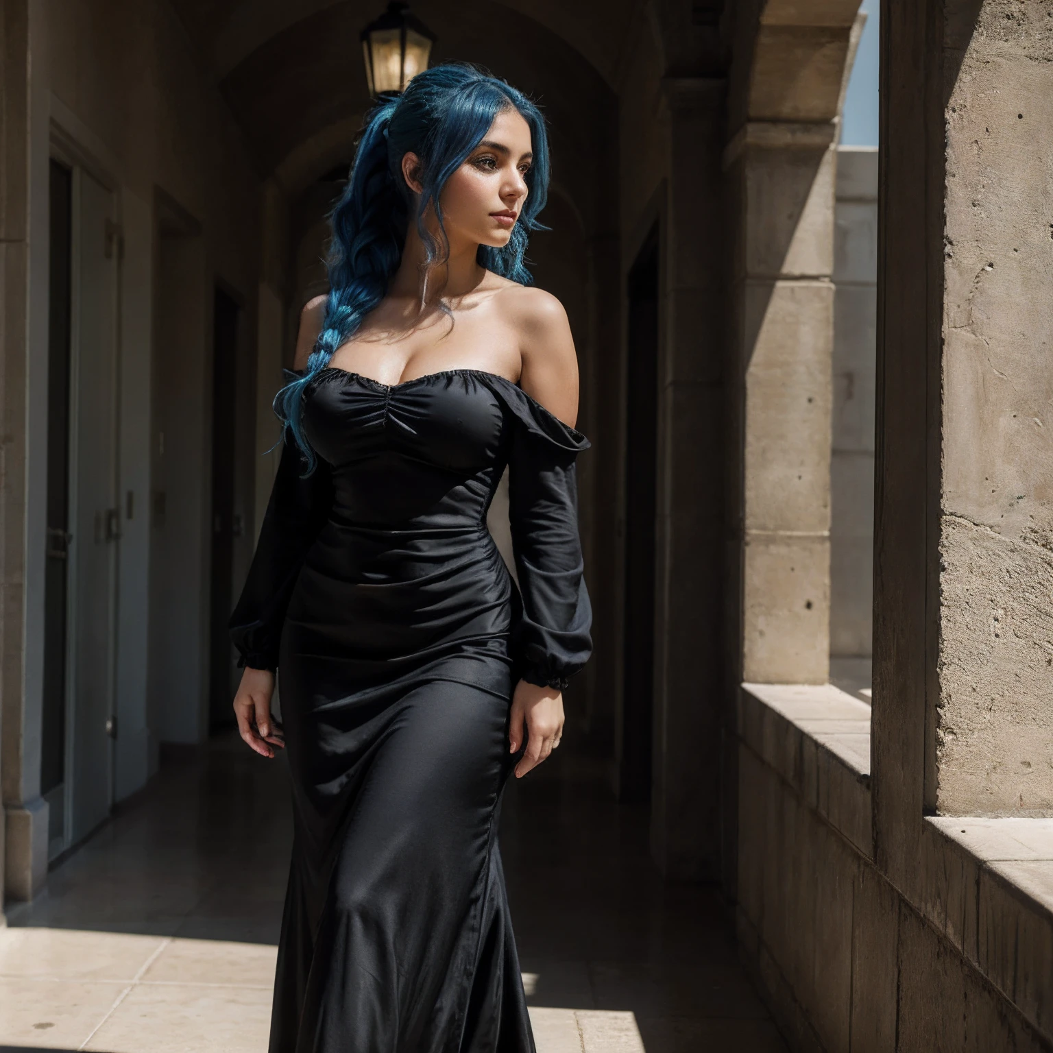 Highest quality, masterpiece, super high resolution, (photorealistic: 1.4), raw photo, (blue haired syrian woman), curly hair, hourglass figure, wide hips, plump thighs, 1 girl, off shoulder, in the hallway, deep shadows, low key, cold light, background downtown, long curly hair, ponytail, Black clothes, half-undressed clothes, (((black dress)))