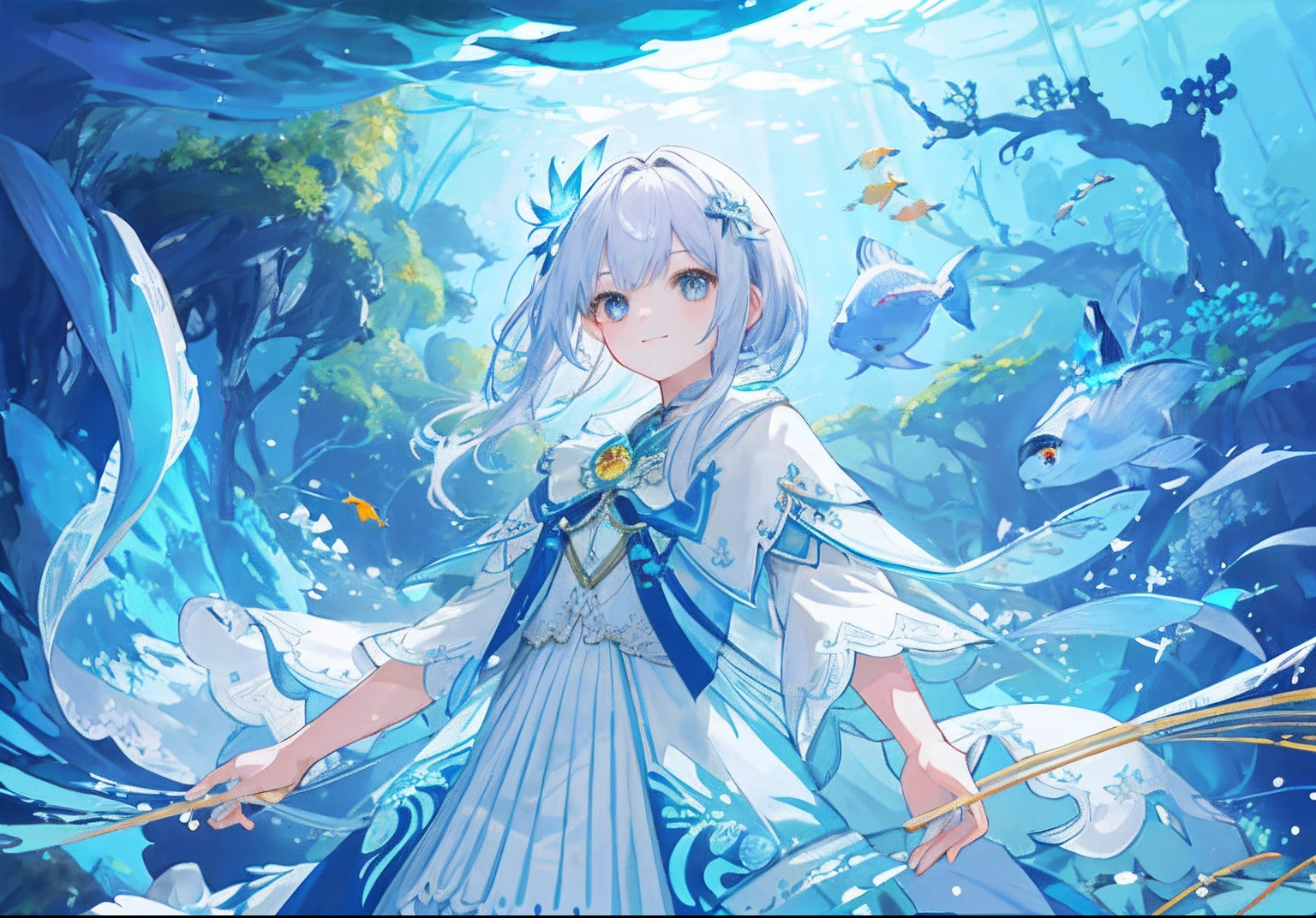masterpiece, hightquality, Marine forest, 城市, Fantastic Fantasy, 22-year-old girl in the center looking up at the sky、glowing plants, Coral Viaduct, (School of glowing little fish), (fish flocks), Foggy, Extreme detailing, Morning light, Magnificent composition, (intricate detailes), (intricate designs, The ultra-detailliert: 1.2), art stations, (masterpiece, top-quality), Ulutra HD, 32K 、Fish shadow、Lots of Fish、View from below、Under the sea 、Wearing a white translucent cloak 、Clione Girl、Clione's horn、White gradient hair、Large coral reefs 、A detailed eye 、A slight smil、Clione --v 6